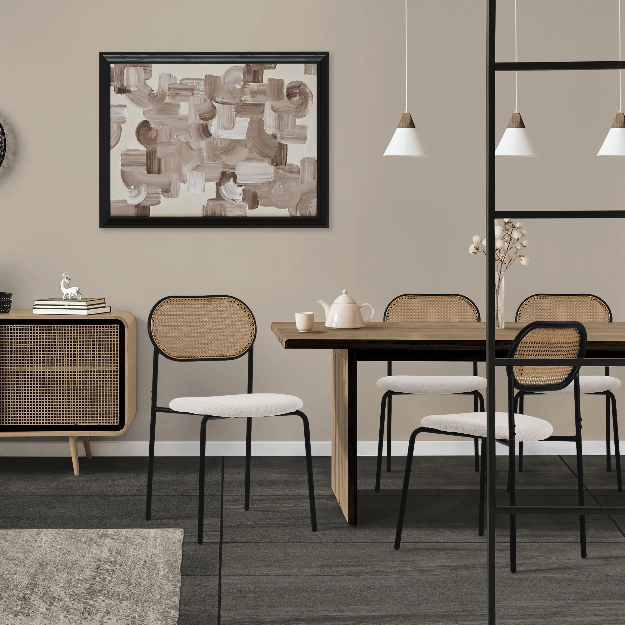 Esszimmerstühle mit Rattan Rückenlehne, Rund, Metallbeinen, Gepolstert, Ergonomisch, Modern - Image 9