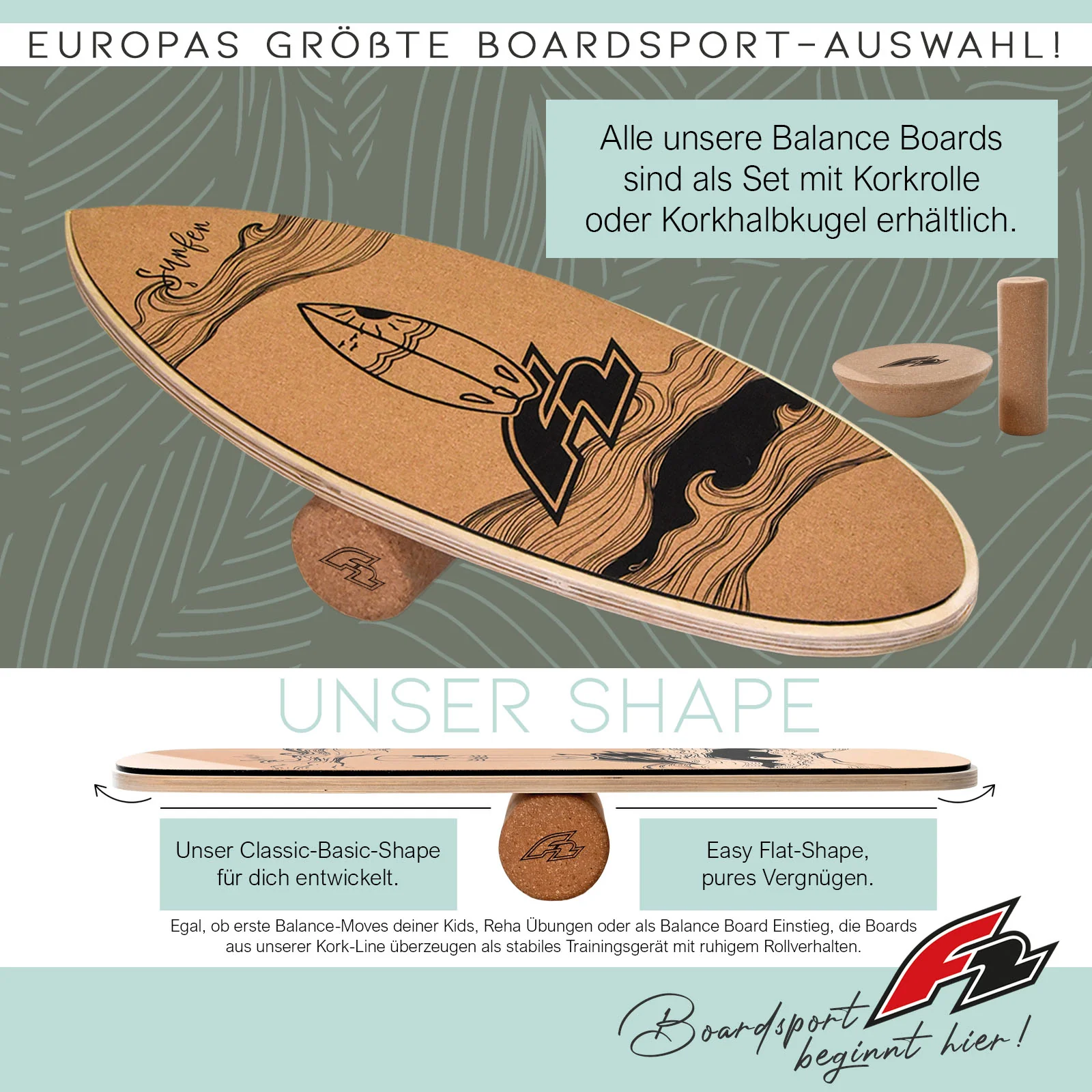 F2 Kork Balance Board Surf 84x31cm mit Korkrolle + Kork Halbkugel - Image 2