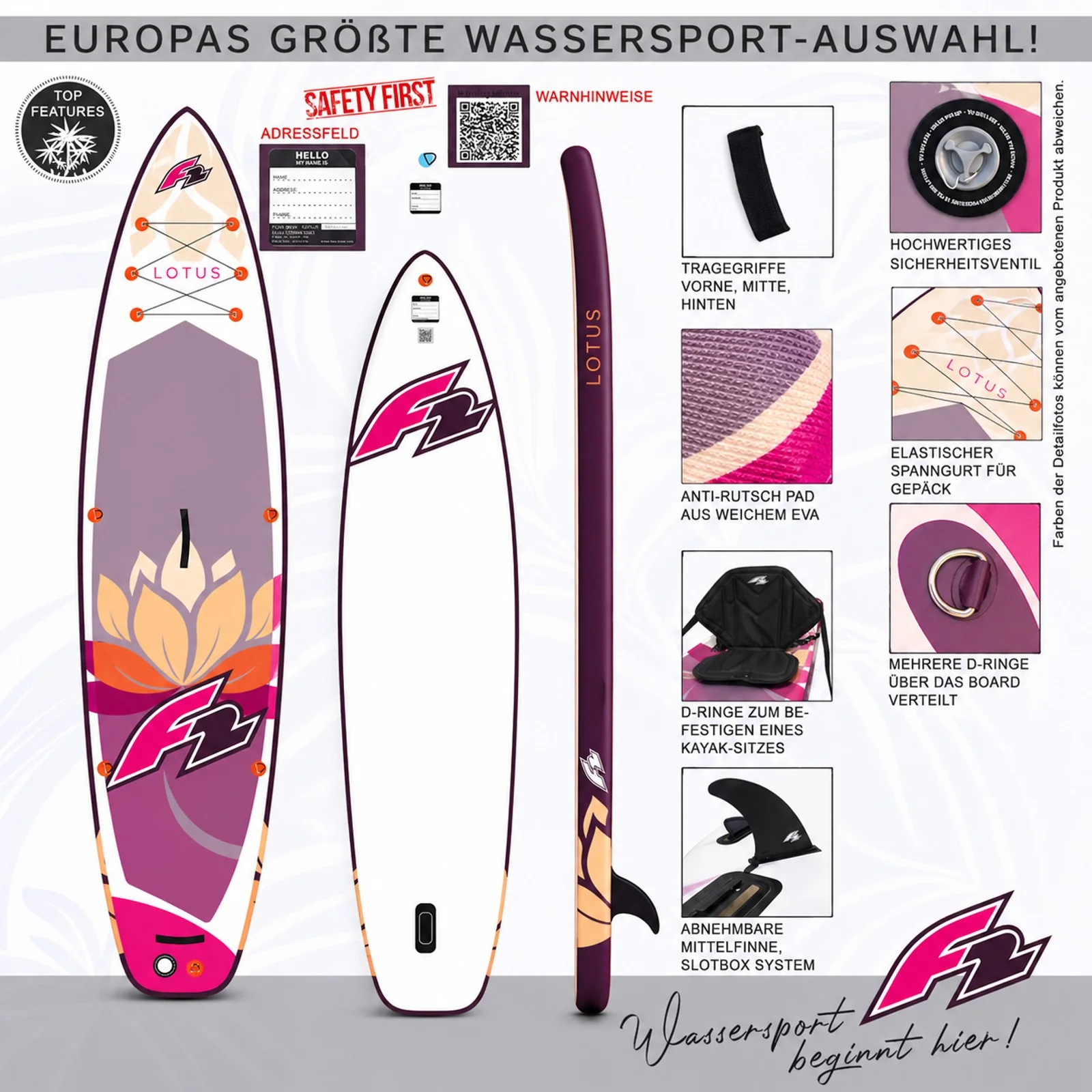 F2 Set Damen Stand Up Paddle Board Lotus Lila 10,2 + Kajak Zubehör Paket - Image 7