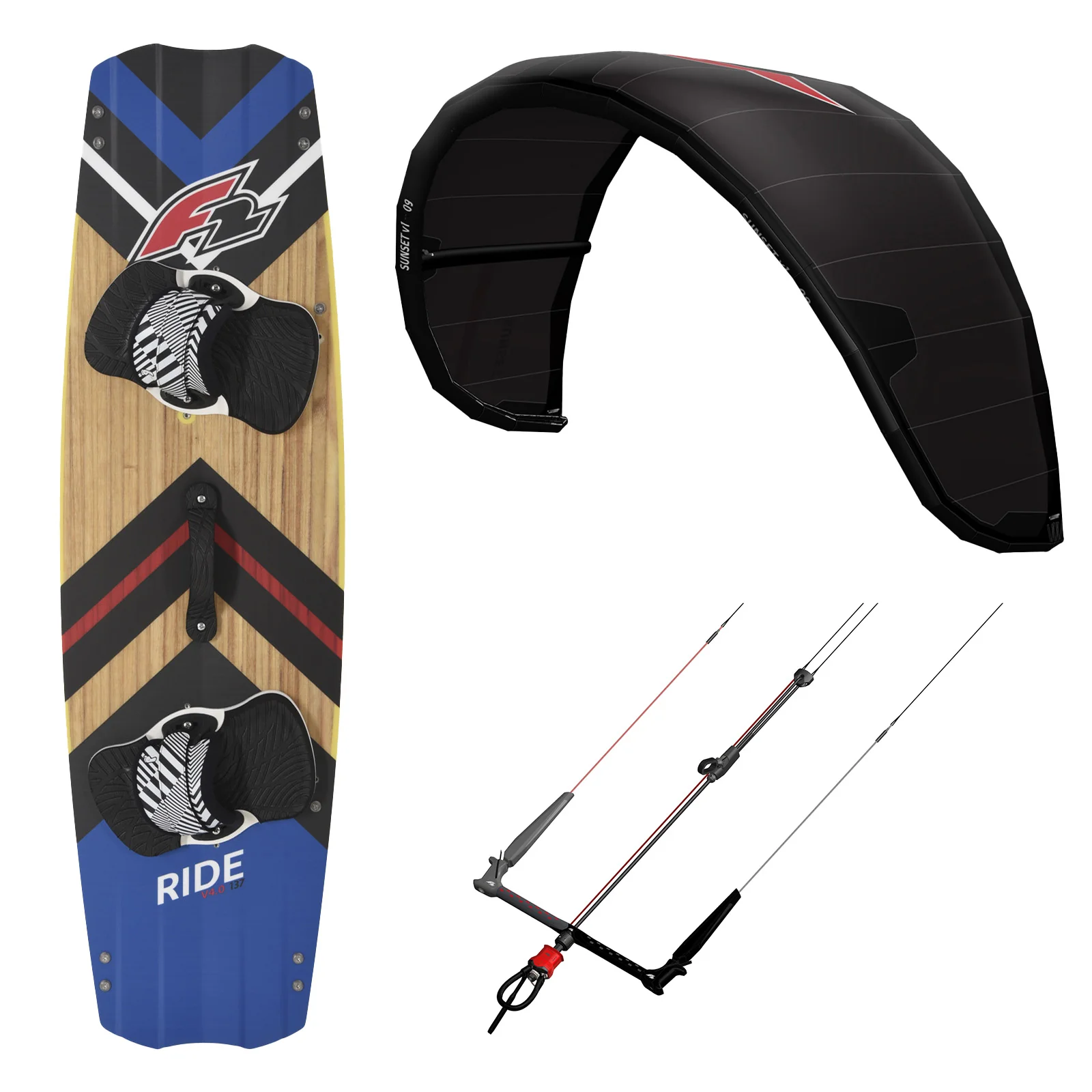 F2 Set Kite Sunset V1 15qm+Kiteboard Ride Wood 137cm +Control Bar 52cm