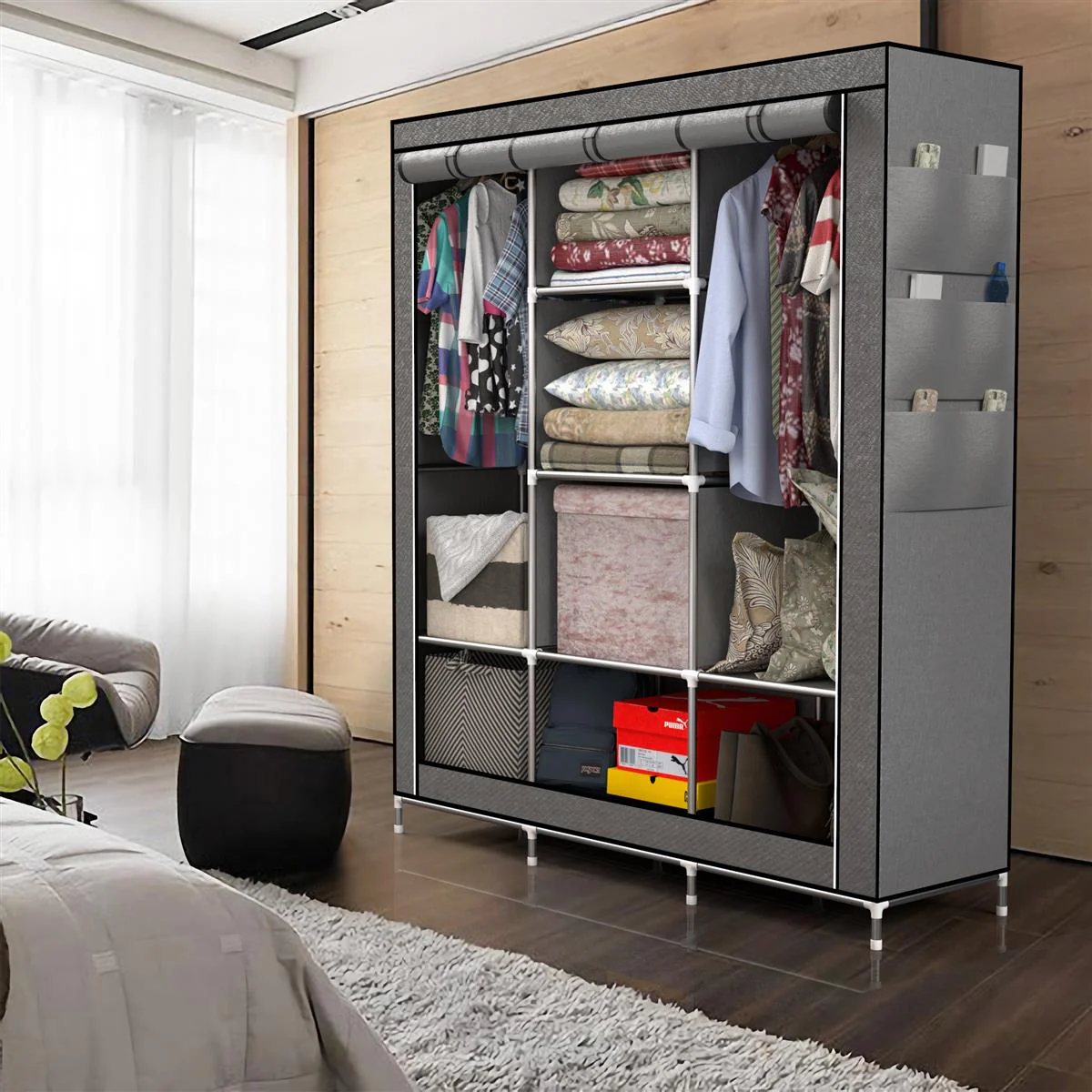 Faltschrank 130x175x45 cm Kleiderschrank aus Stoff mit Reißverschluss Kleiderstange - Image 7