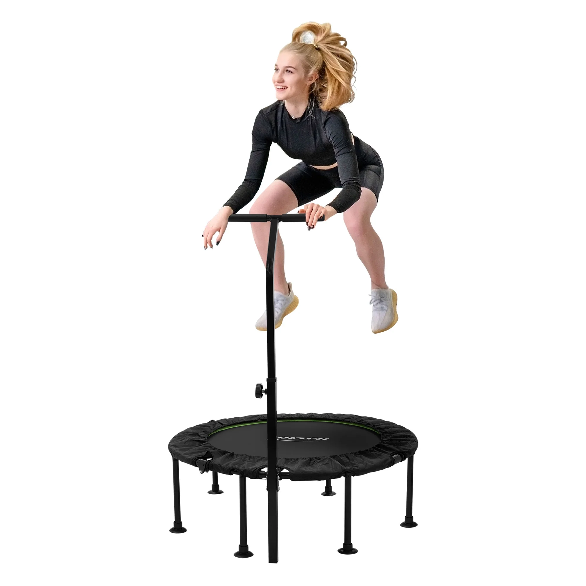 Fitness Trampolin Indoor faltbar Grün mit höhenverstellbarem Haltegriff, für Zuhause - Image 11