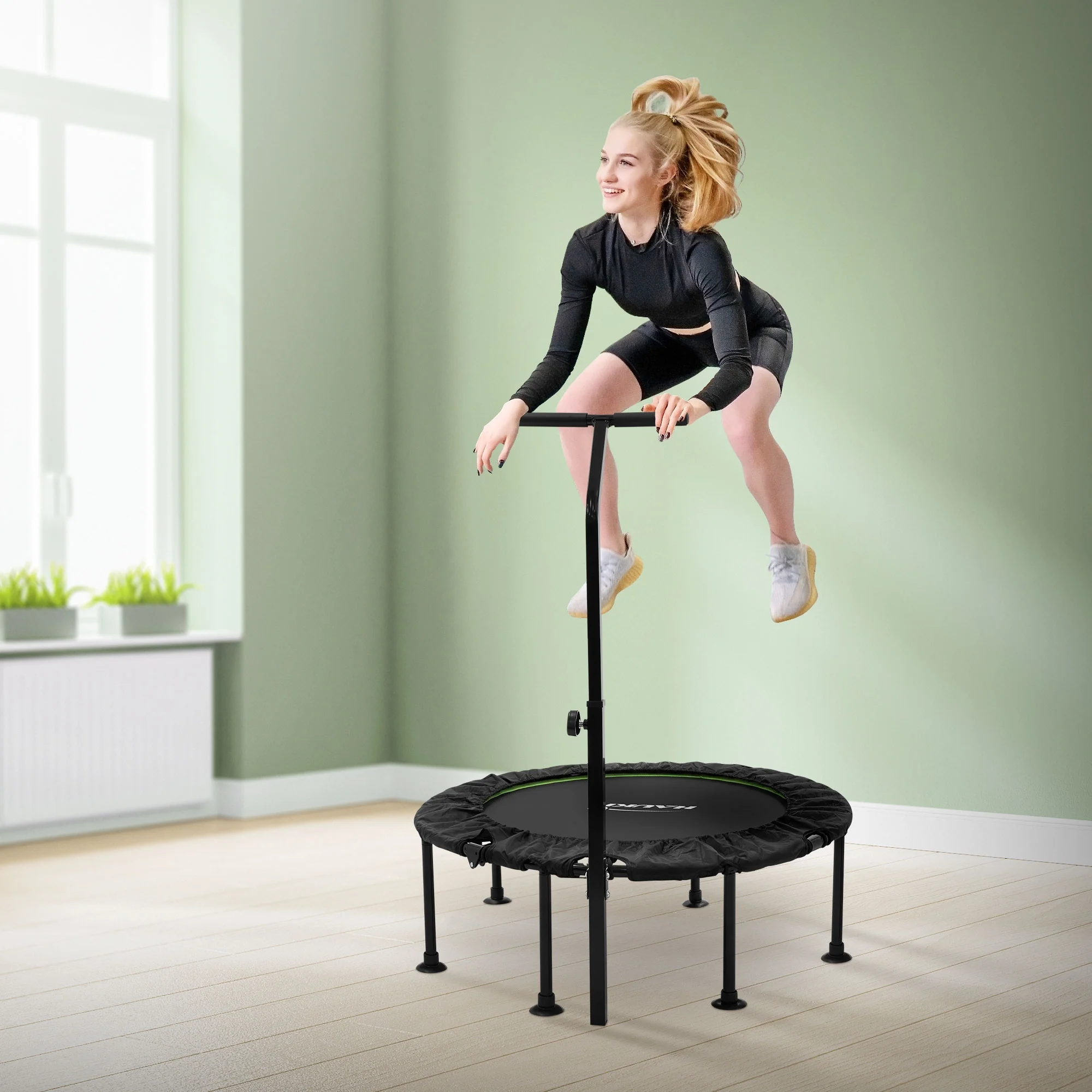 Fitness Trampolin Indoor faltbar Grün mit höhenverstellbarem Haltegriff, für Zuhause - Image 13