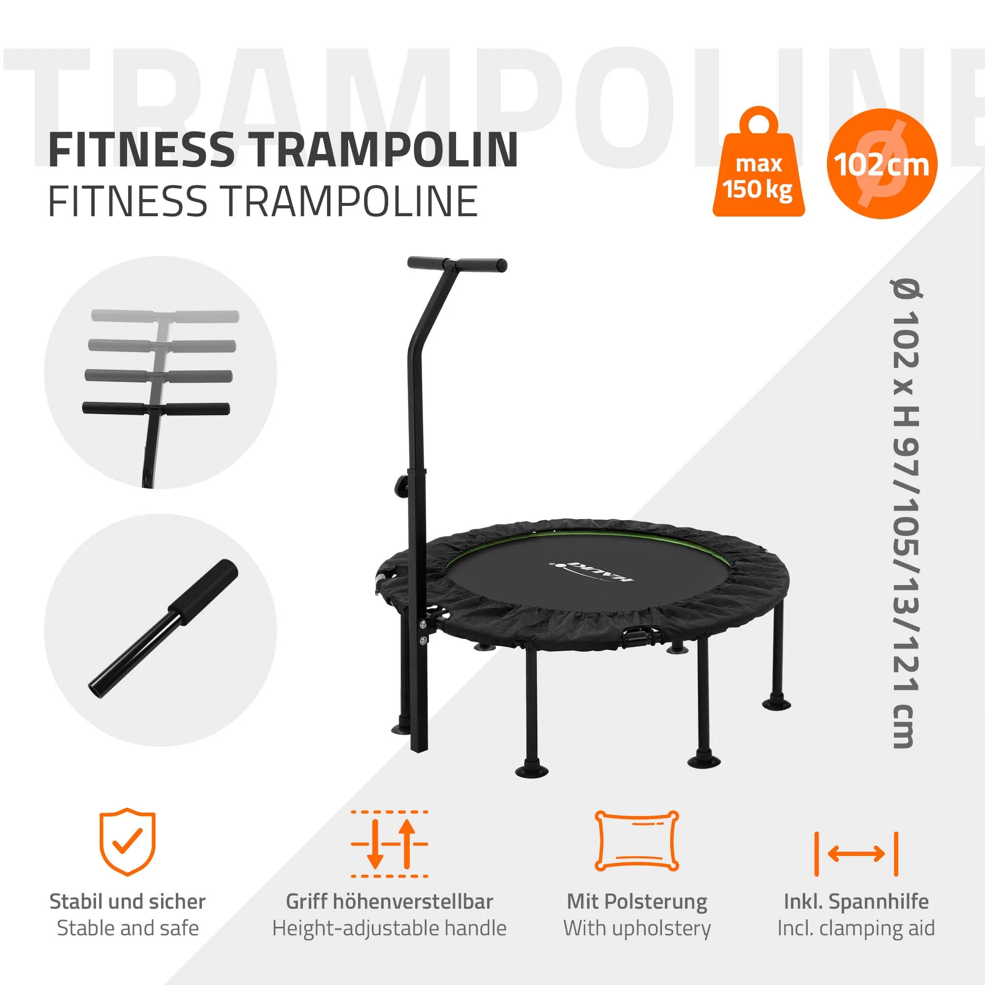 Fitness Trampolin Indoor faltbar Grün mit höhenverstellbarem Haltegriff, für Zuhause - Image 15