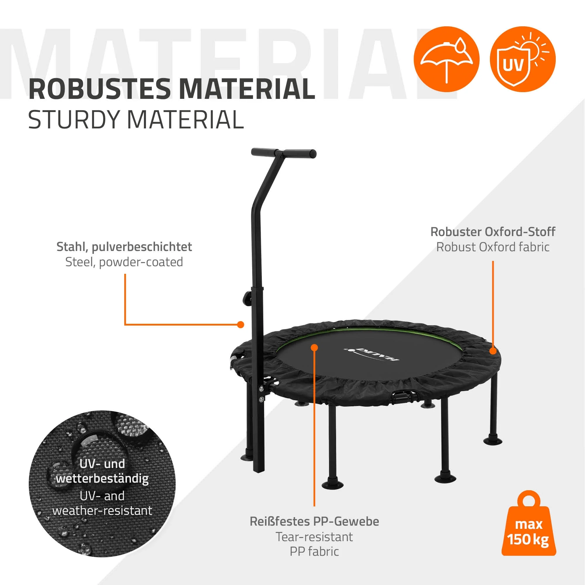 Fitness Trampolin Indoor faltbar Grün mit höhenverstellbarem Haltegriff, für Zuhause - Image 20