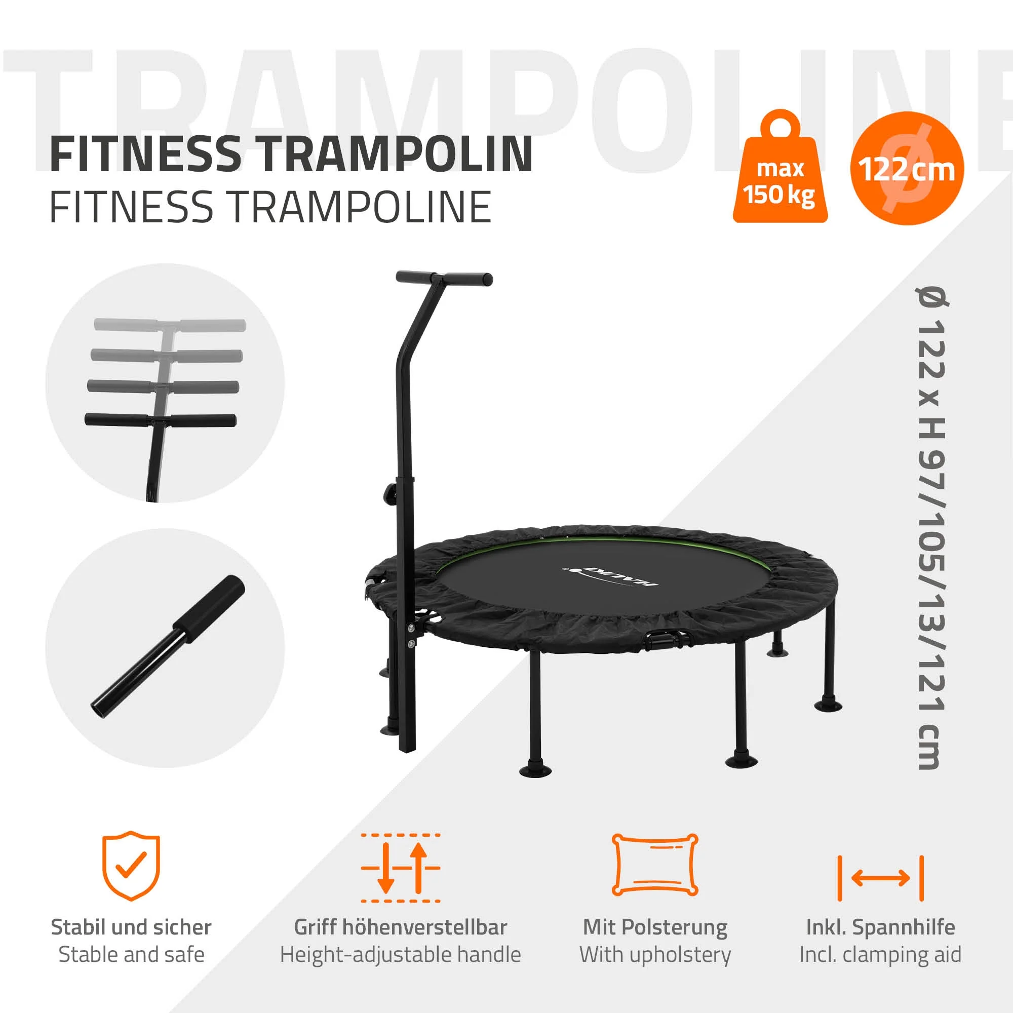 Fitness Trampolin Indoor faltbar Grün mit höhenverstellbarem Haltegriff, für Zuhause - Image 5