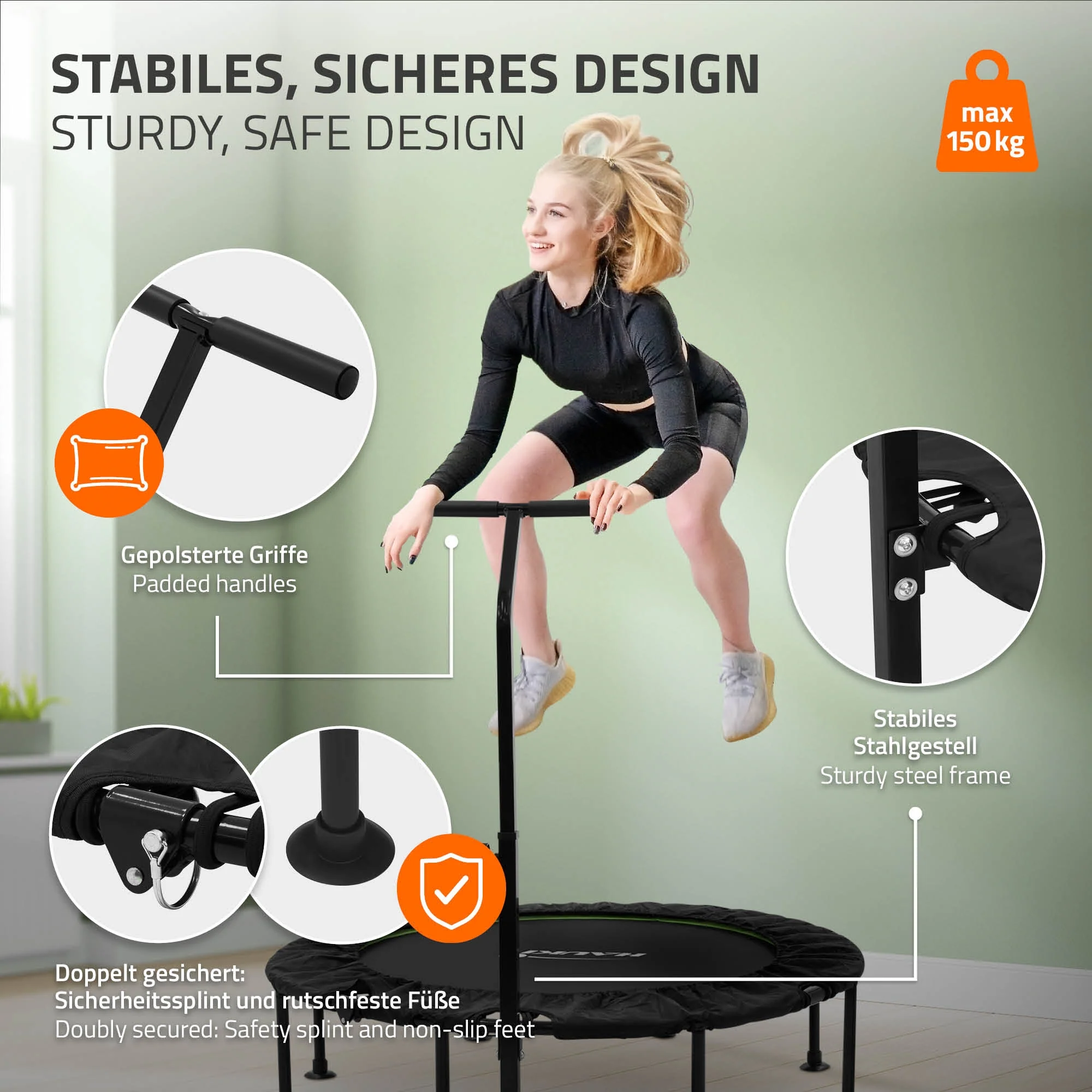 Fitness Trampolin Indoor faltbar Grün mit höhenverstellbarem Haltegriff, für Zuhause - Image 6