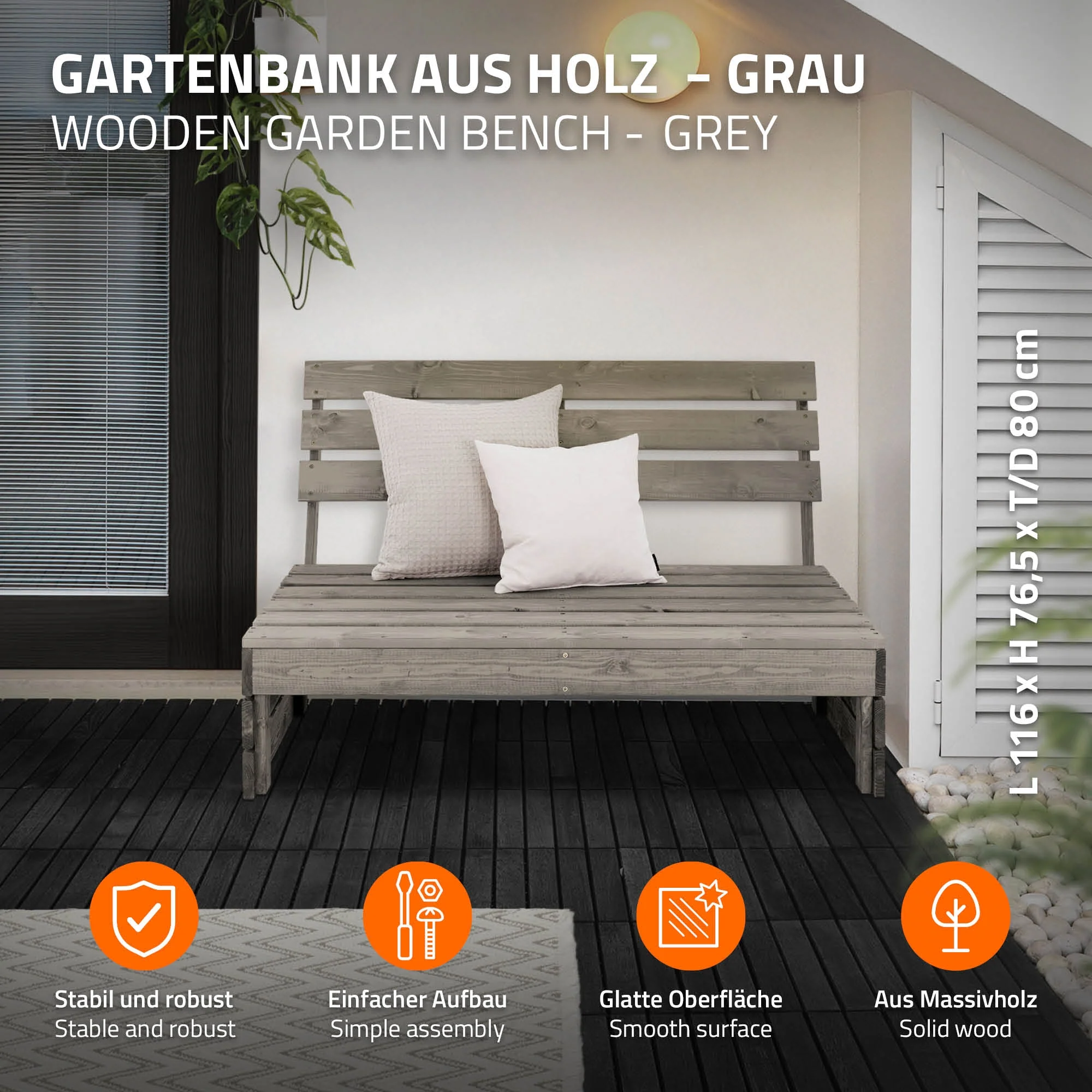 Gartenbank 3-Sitzer Grau 120x765x80 cm aus Massivholz - Image 3