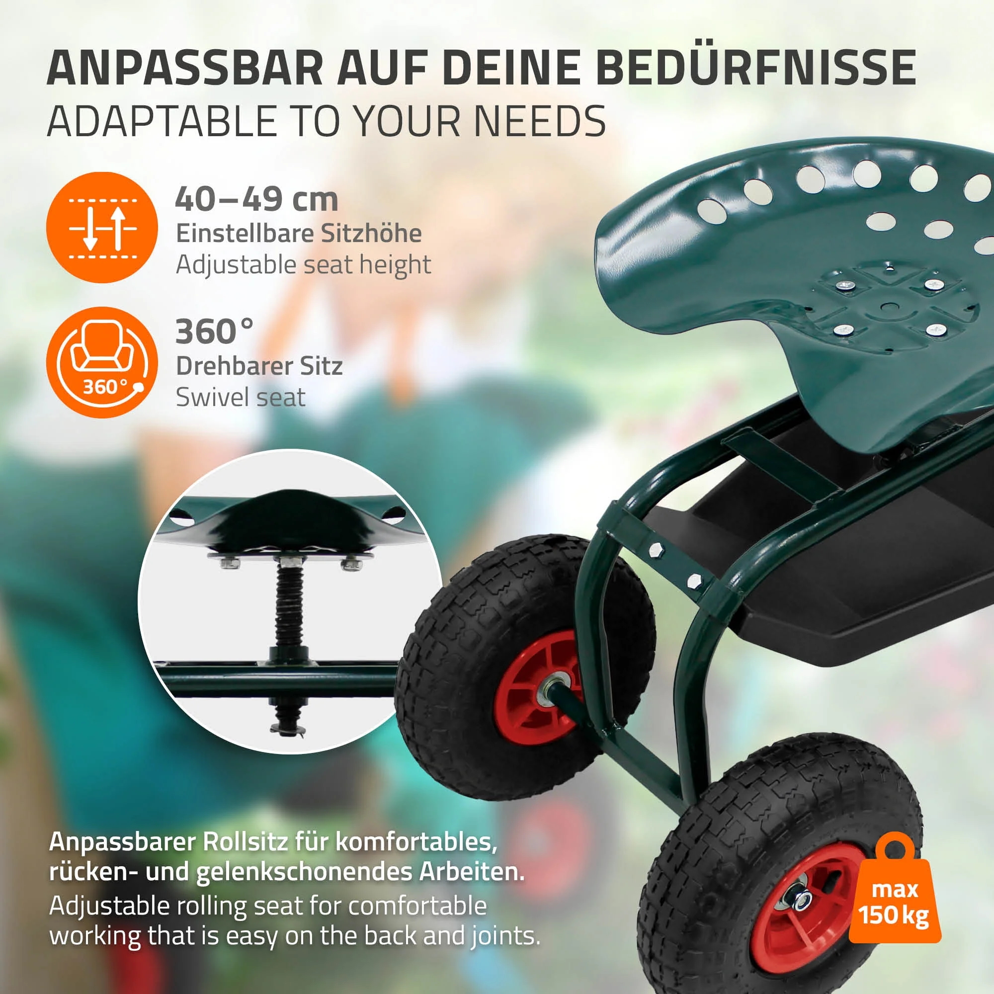 Gartenrollsitz Grün, aus Stahl, 360° drehbar und höhenverstellbar, bis 150 kg - Image 5