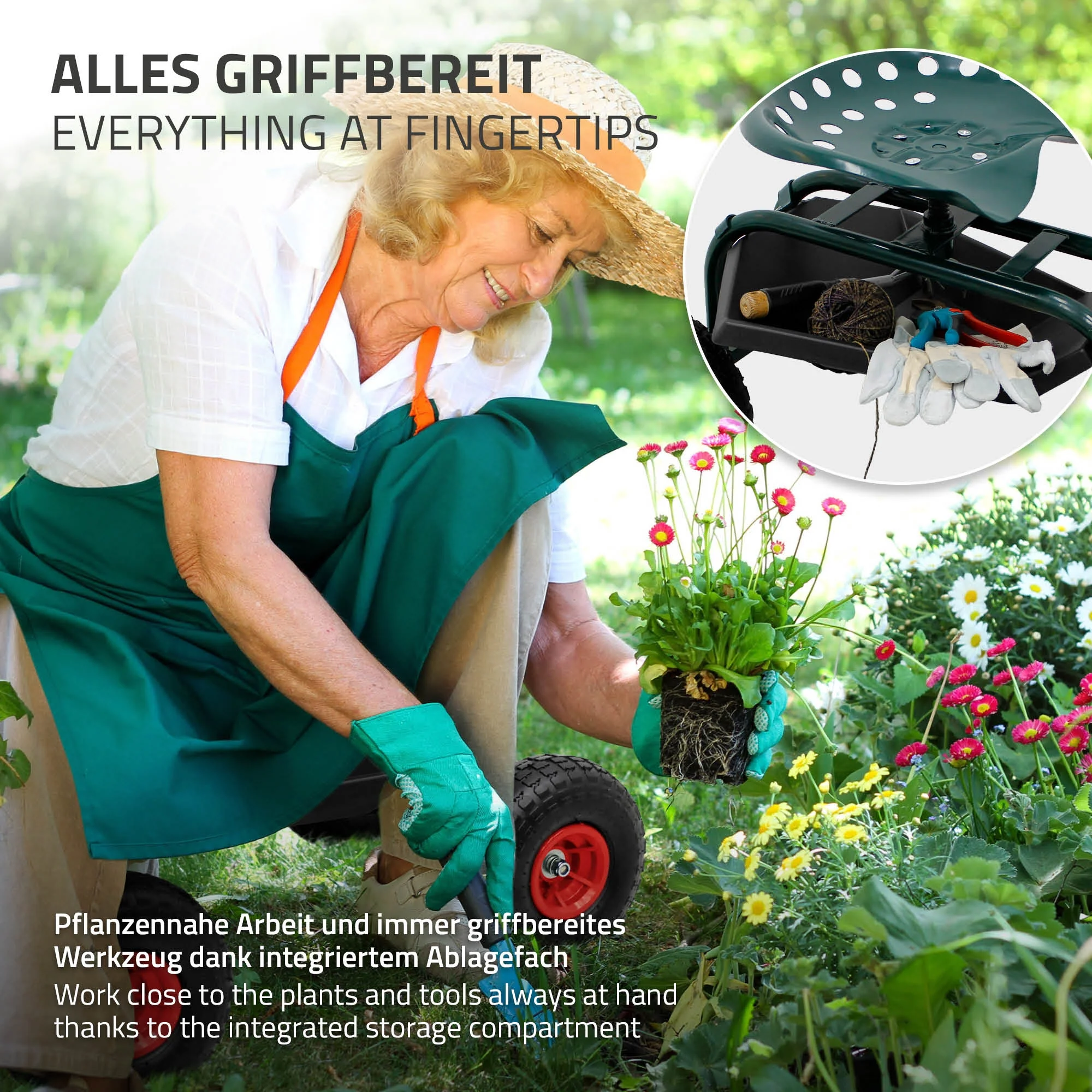 Gartenrollsitz Grün, aus Stahl, 360° drehbar und höhenverstellbar, bis 150 kg - Image 6