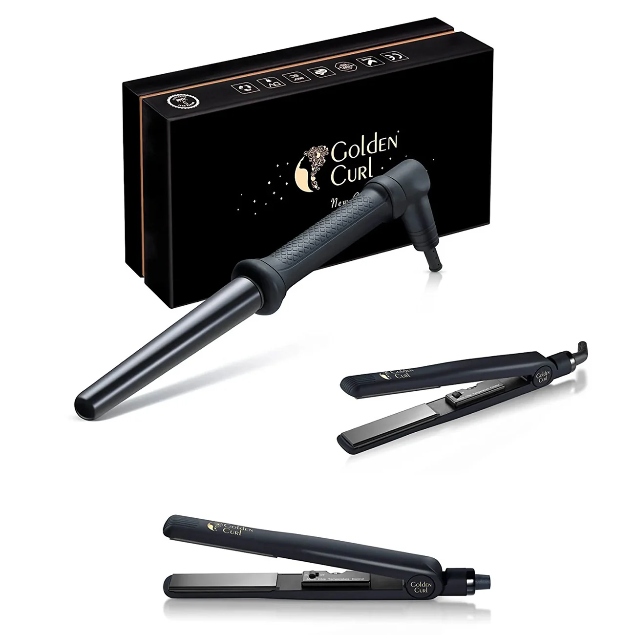 Golden Curl The Black Luxury Set 6 teilig - Lockenstab, Glätteisen, Handschuh - Image 2