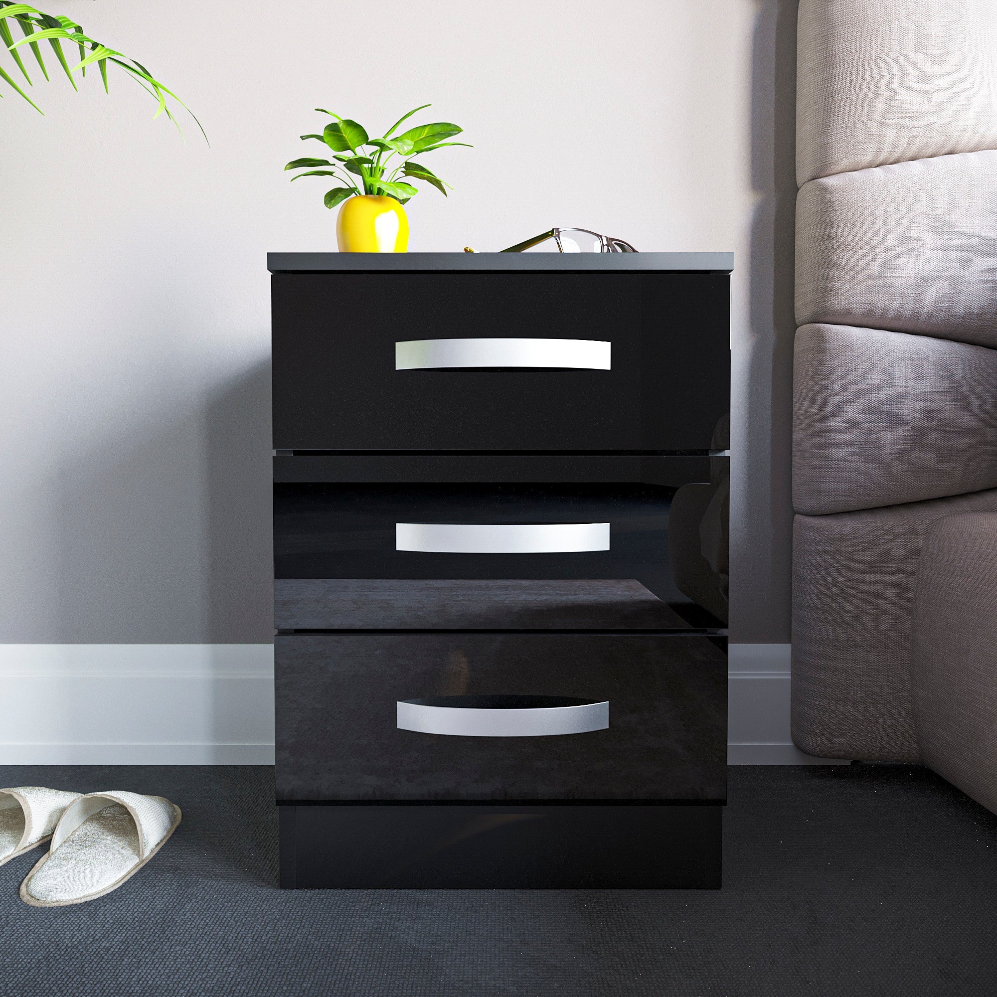 Hulio Weiß Hochglanz-Nachttischschrank mit 3 Schubladen – Moderne Schlafzimmermöbel - Image 4
