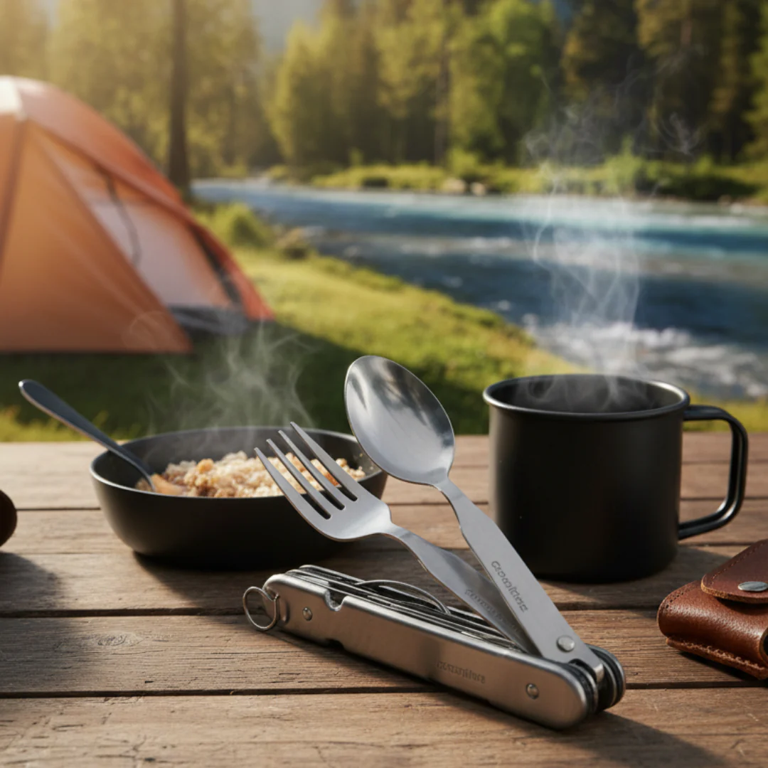 JUNG Camping Besteck 6 in 1 Faltbar Reisebesteck Löffel Messer Gabel Outdoor - Image 2