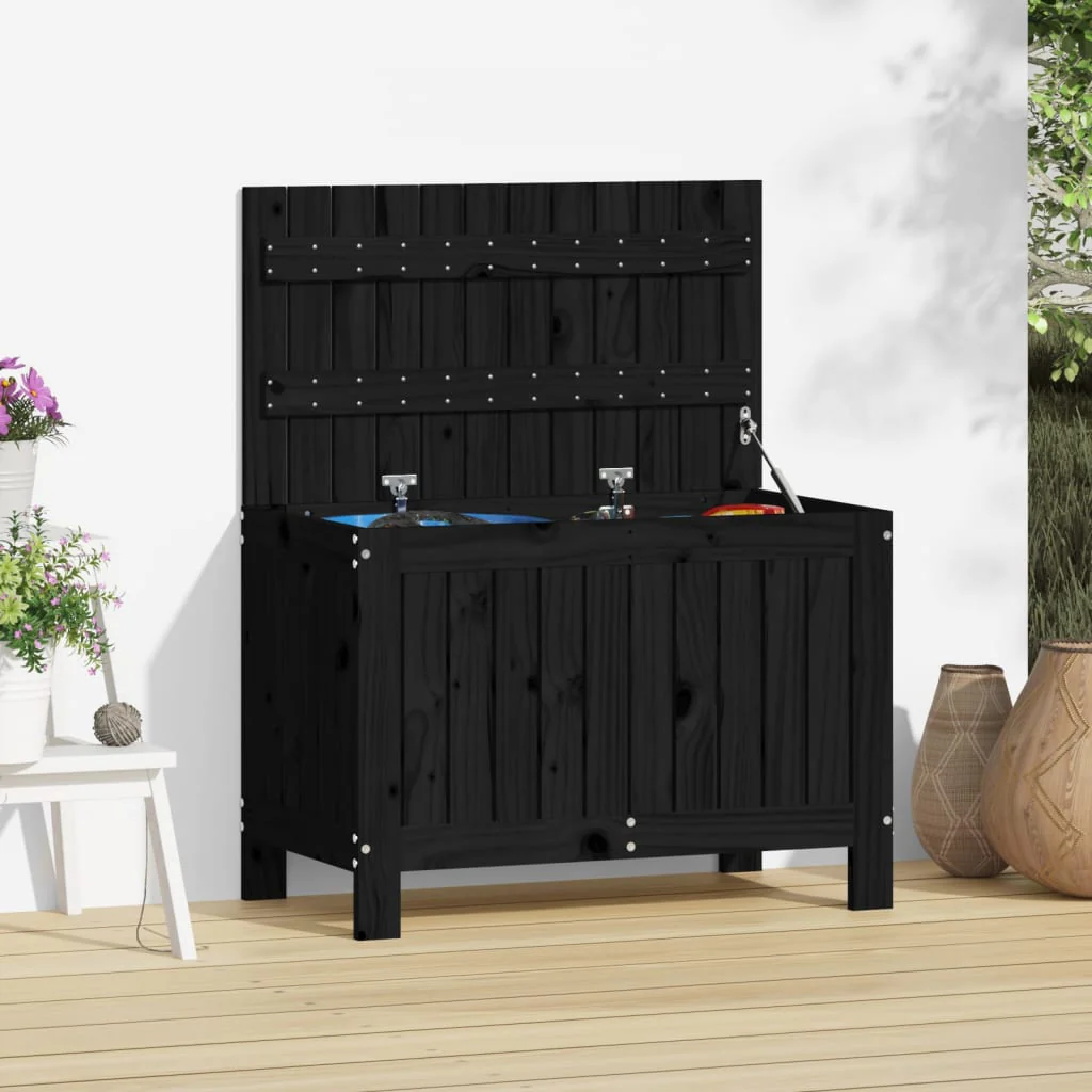 JUNG Vida Gartentruhe Schwarz Massivholz Kiefer 76x42,5x54 cm Garten Balkon Terrasse - Image 2