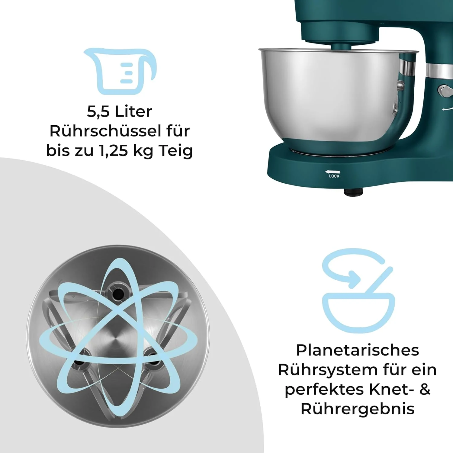KLAMER Küchenmaschine Classic 1400 W – 5,5 L Rührschüssel, 3 Aufsätze - Image 5