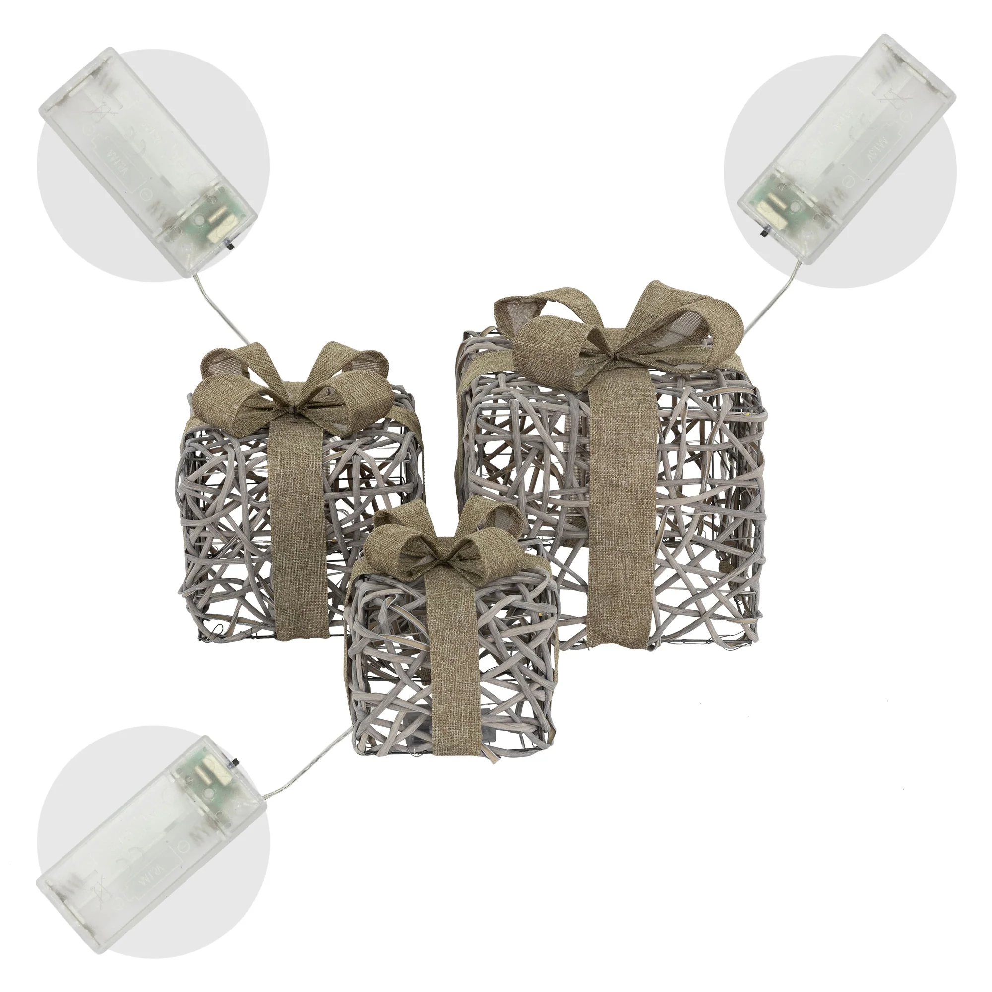 LED Weihnachtsgeschenke 3er Set Grau mit Schleifen und Timer - Image 3