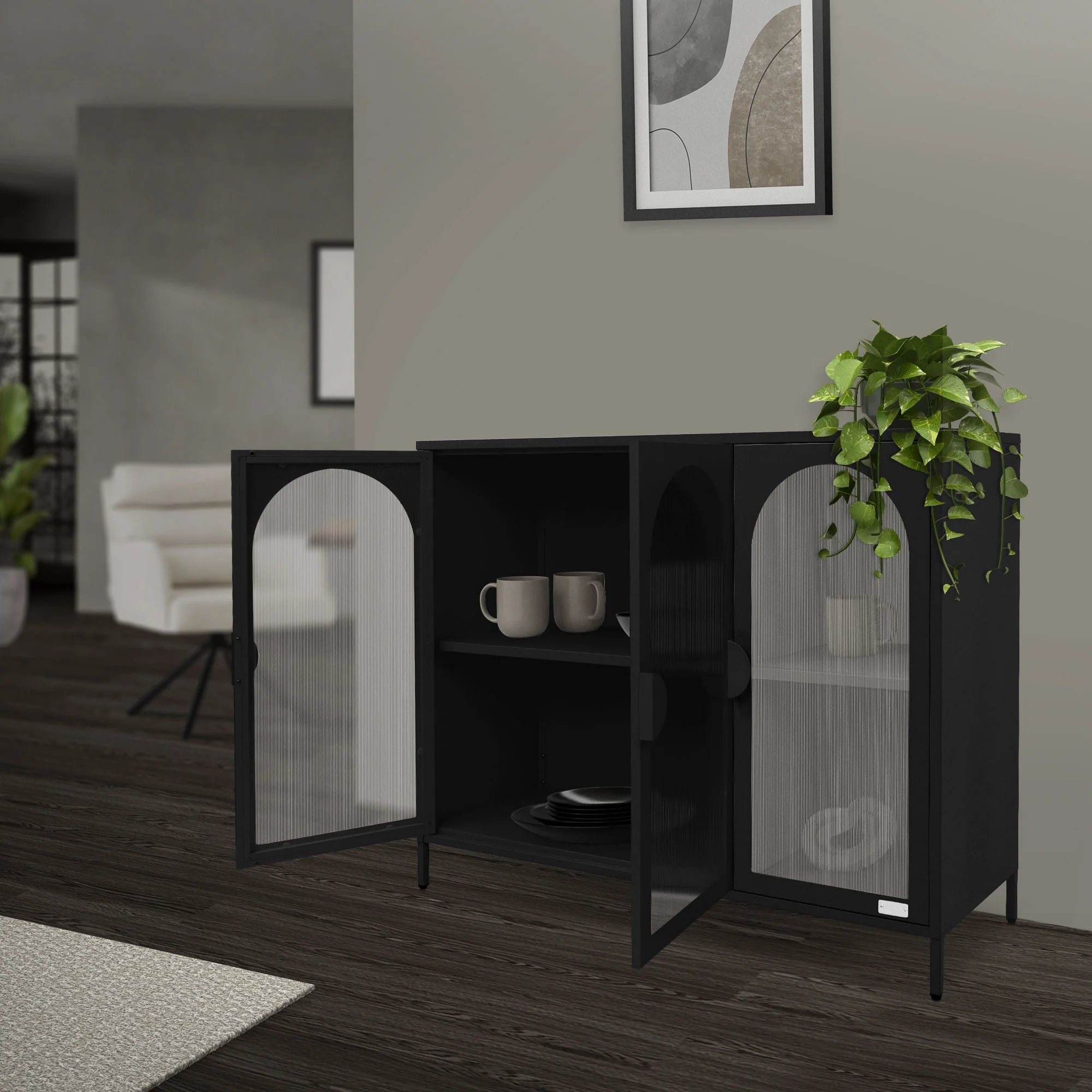 Vitrinenschrank 120x93x40 cm, aus Stahl, mit 4 Ablage-/Regalfächer und 3 Türen - Image 11