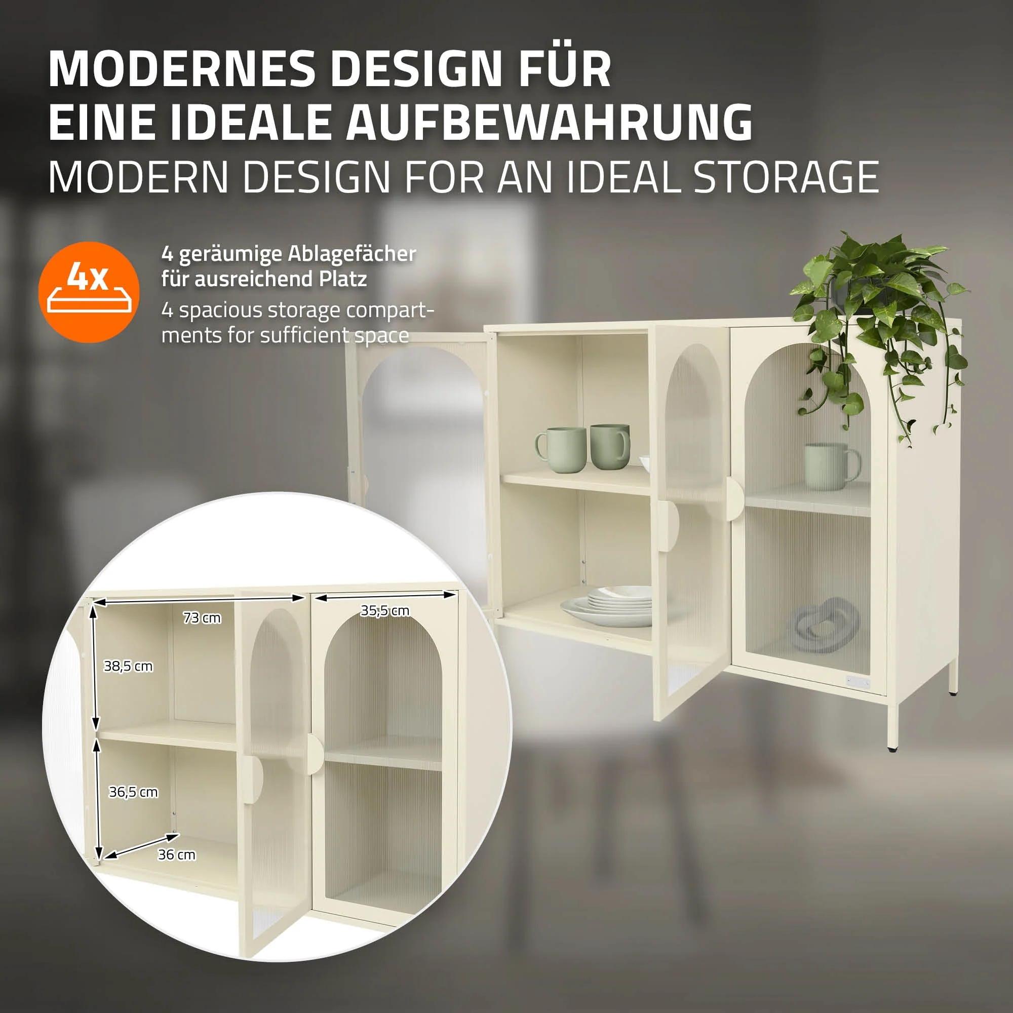 Vitrinenschrank 120x93x40 cm, aus Stahl, mit 4 Ablage-/Regalfächer und 3 Türen - Image 14