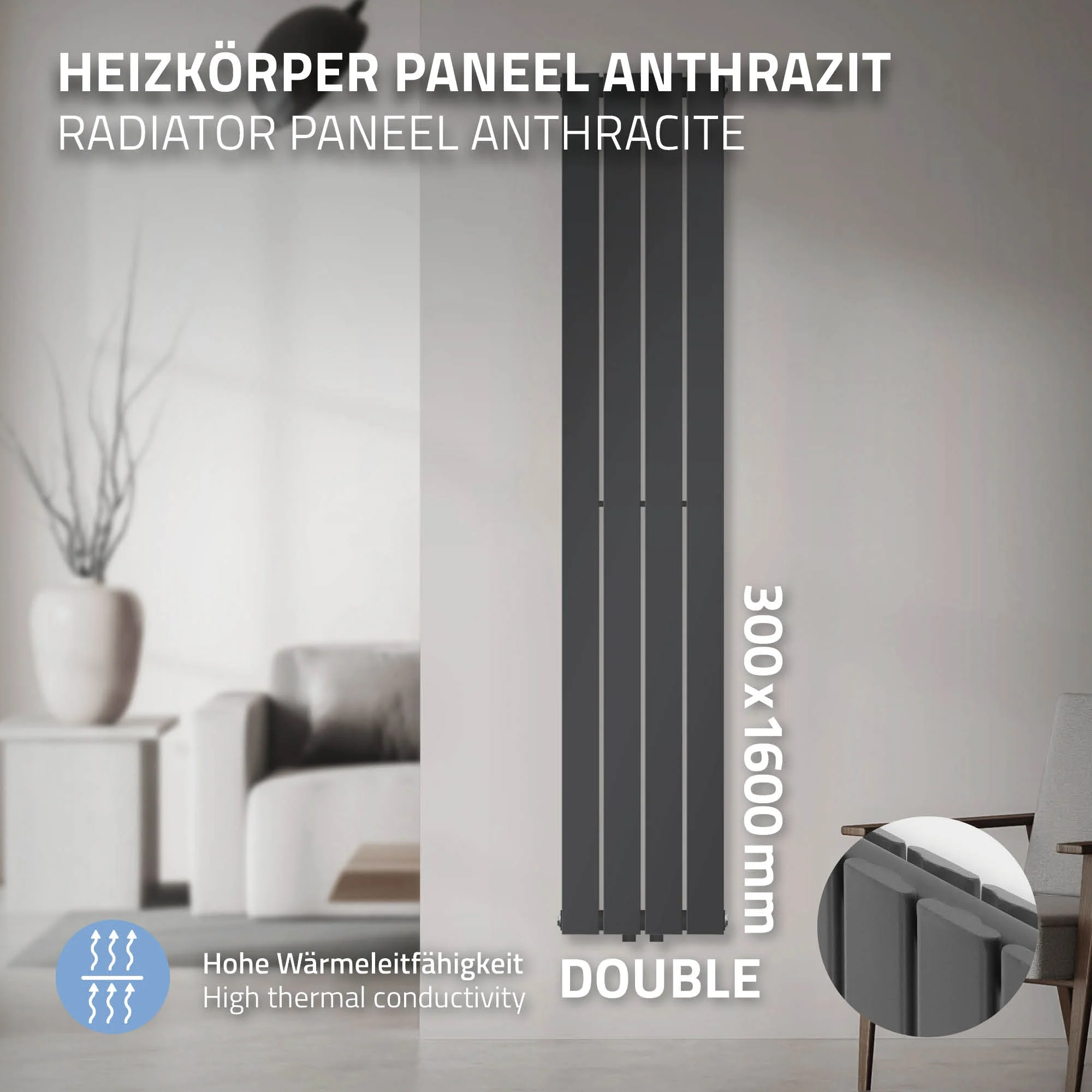 LuxeBath Paneelheizkörper Doppellagig 1600x300 mm Anthrazit Mittelanschluss - Image 2