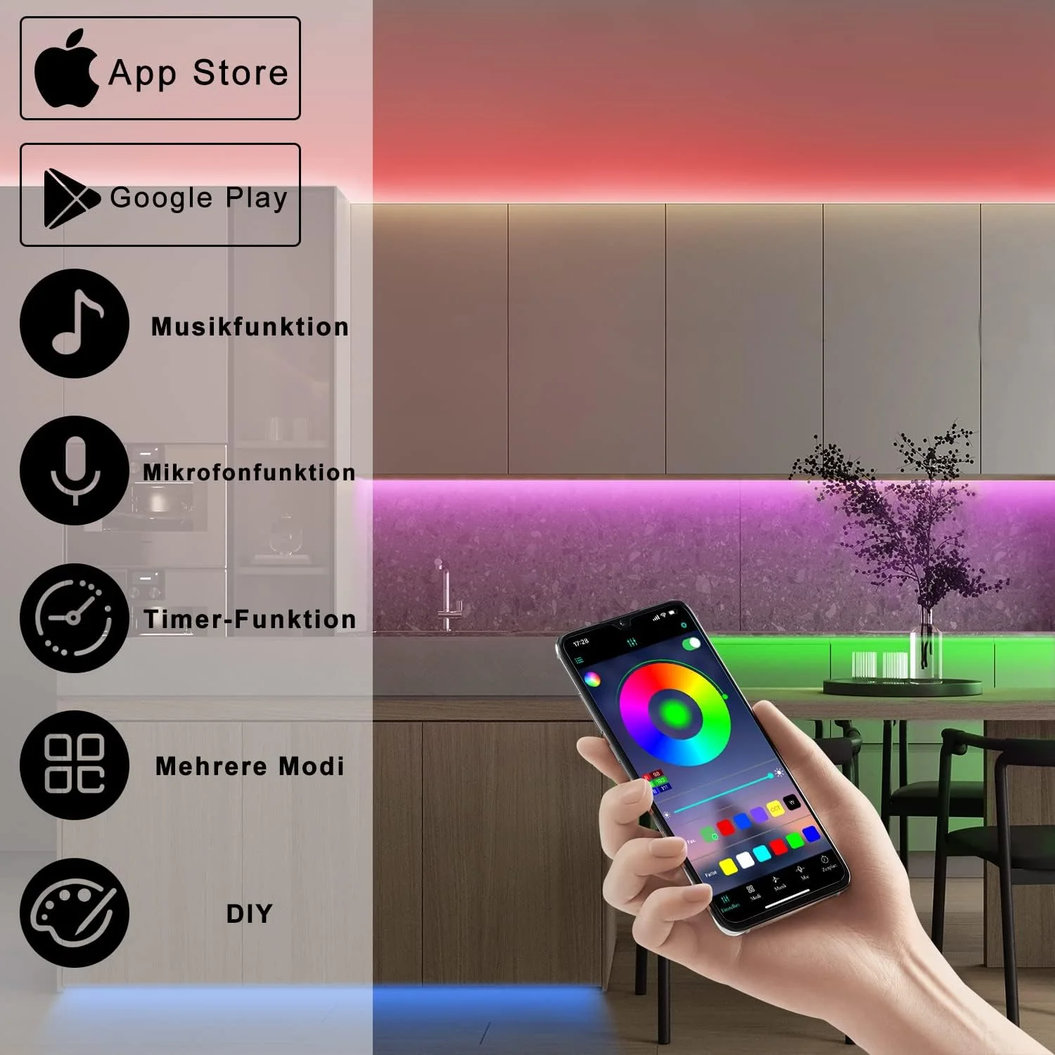 Mehrfarbiger RGB-LED-Streifen mit Fernbedienung und App-Steuerung - Image 6