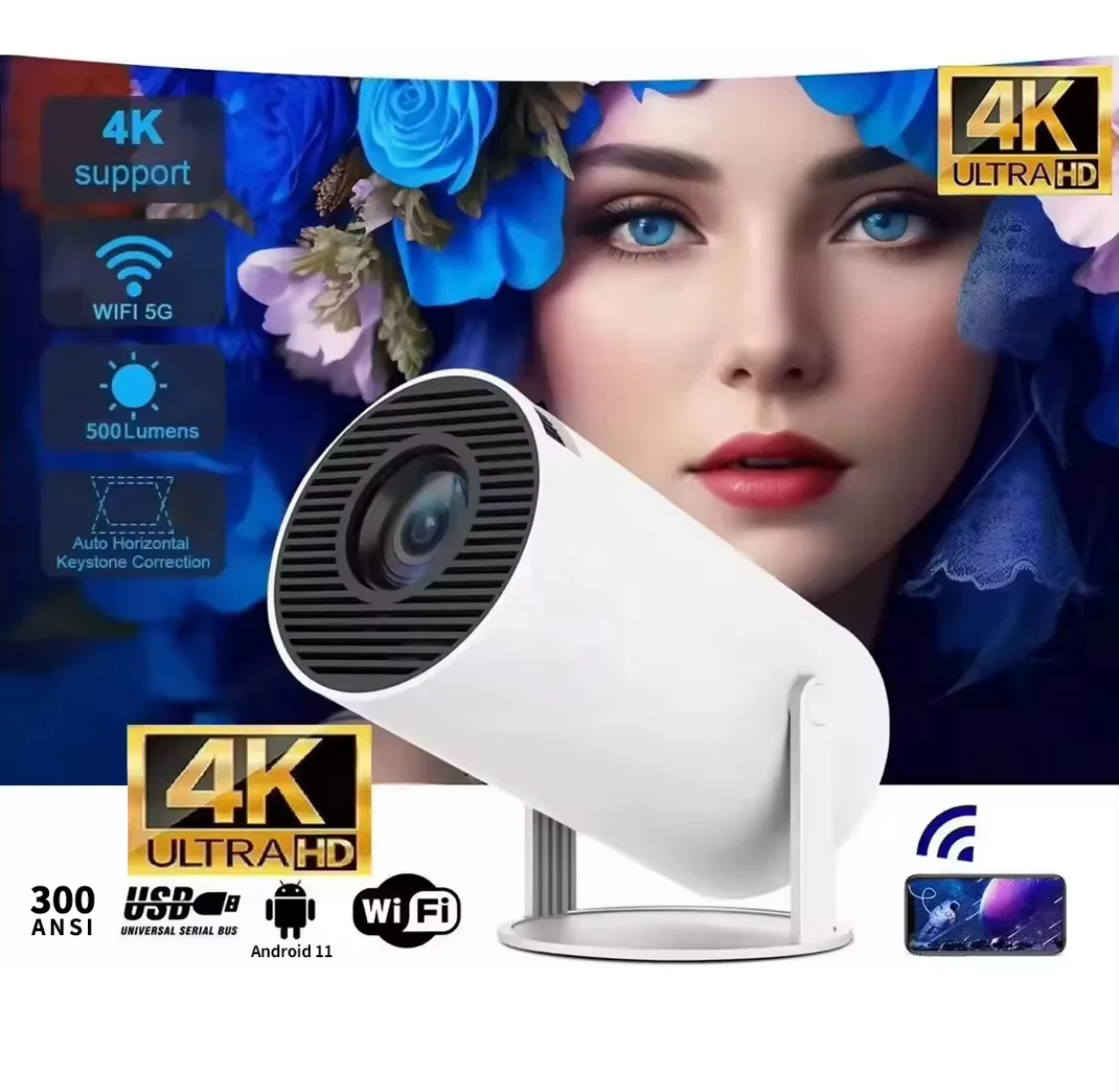 Mini Beamer 4K Support WLAN Bluetooth Android 11 – HD Projektor Heimkino Netflix YouTube 180°