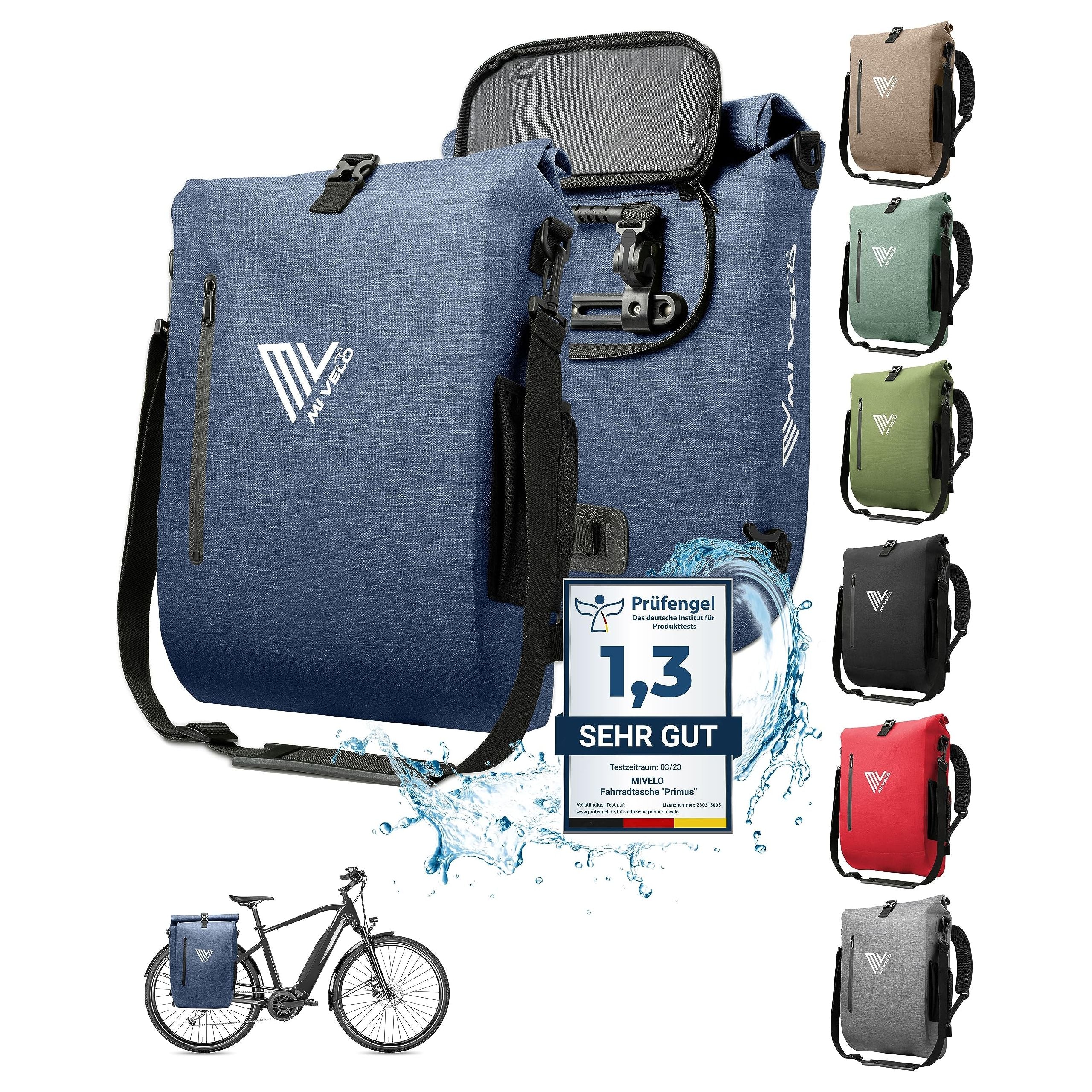 MIVELO - 3 in 1 Fahrradtasche - Rucksack - Schultertasche wasserdicht 100% PVC frei, mit