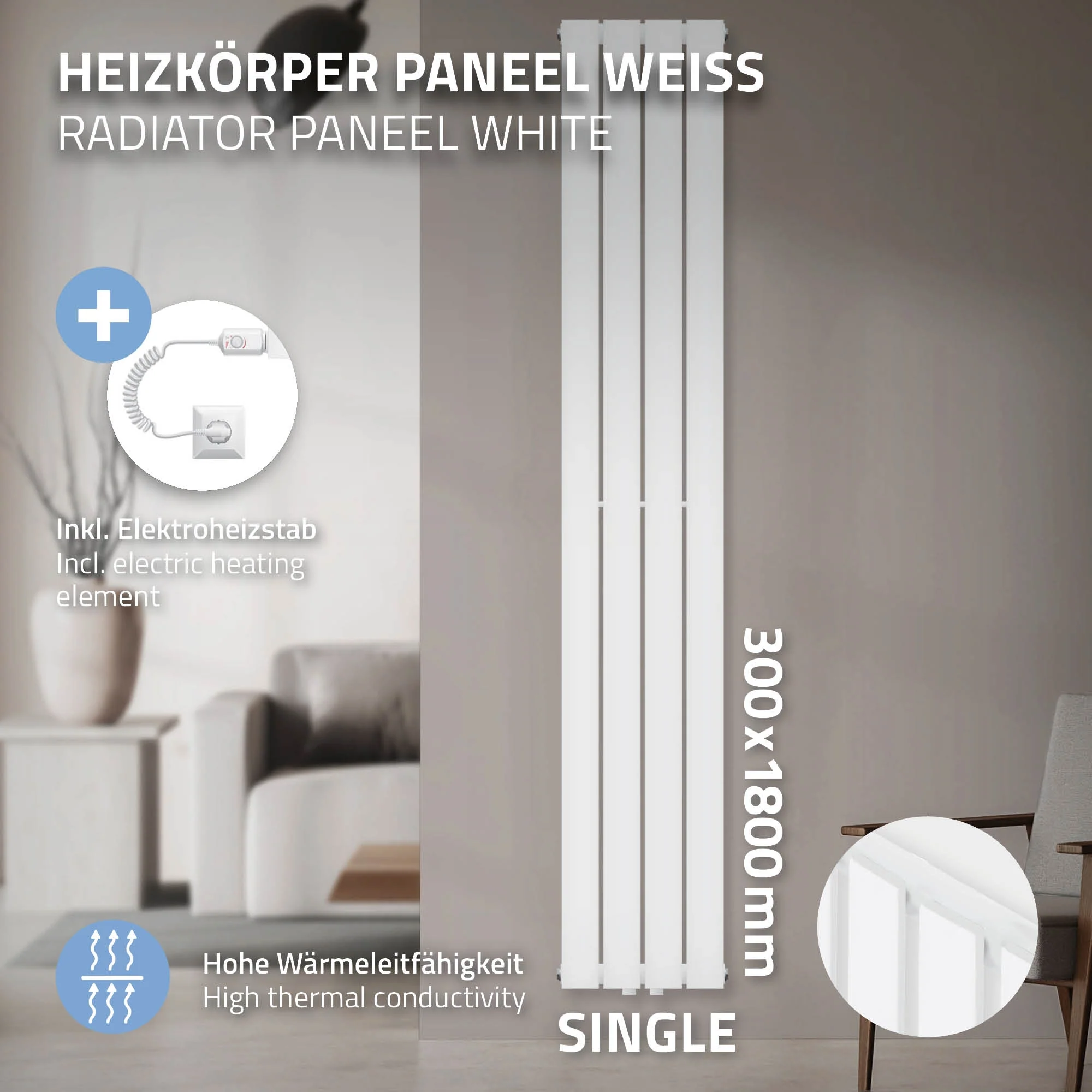 ML-Design Paneelheizkörper Einlagig 1800x300 mm Weiß mit Heizstab 1200W - Image 2