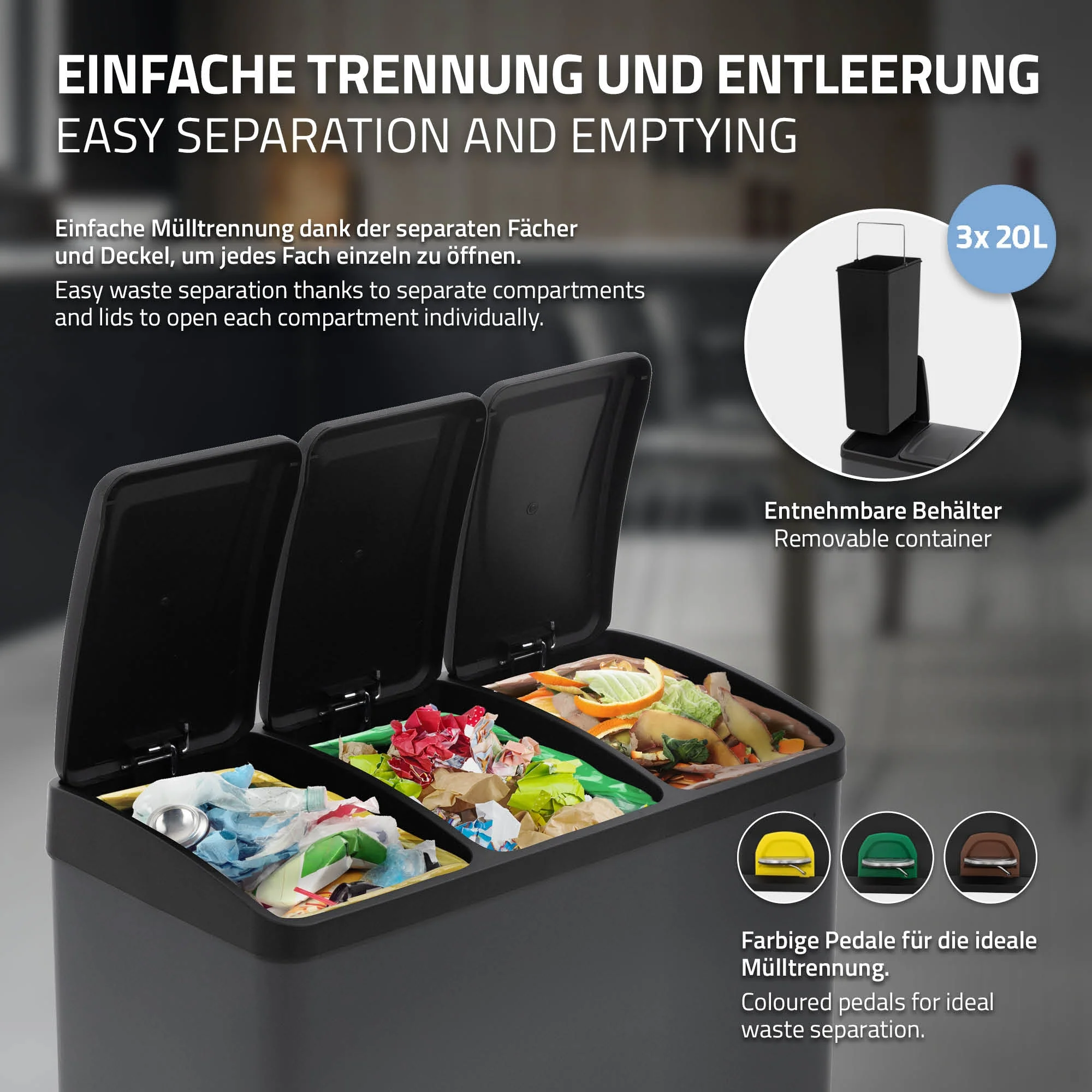 Mülleimer mit Trennsystem 3x 20L Anthrazit aus Stahl ML-Design - Image 4