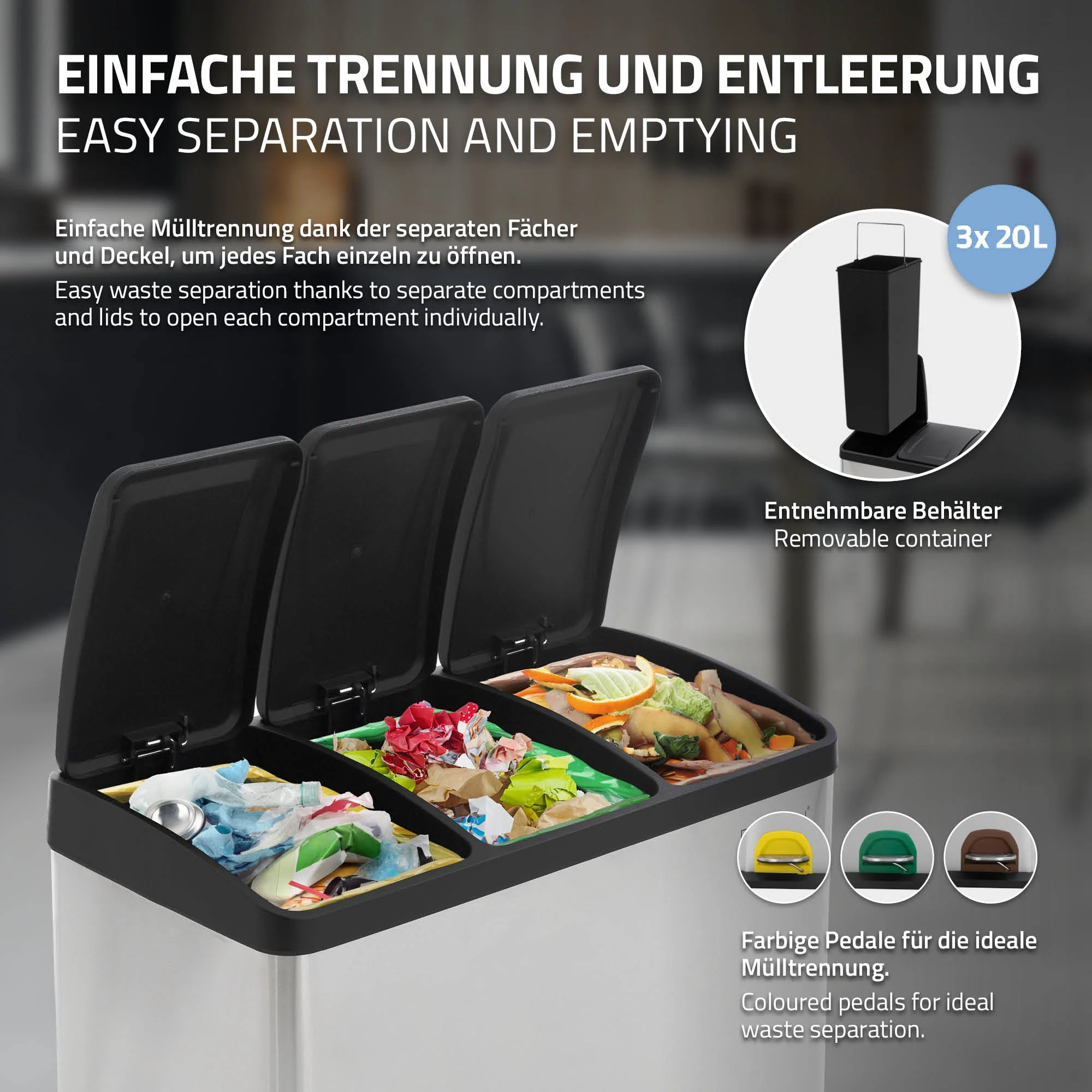 Mülleimer mit Trennsystem 3x 20L Silber aus Stahl ML-Design - Image 4