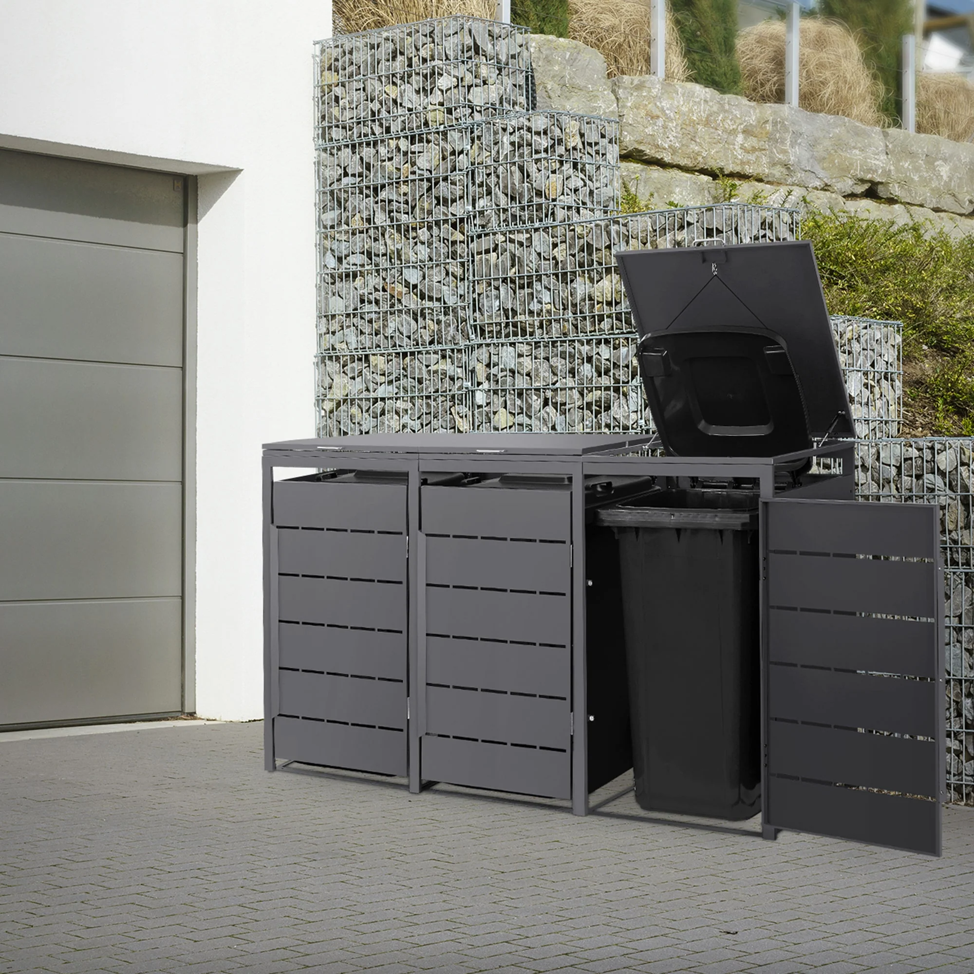 Mülltonnenbox mit Klappdeckel, 240L, Anthrazit, aus Stahl pulverbeschichtet, wetterfest - Image 27