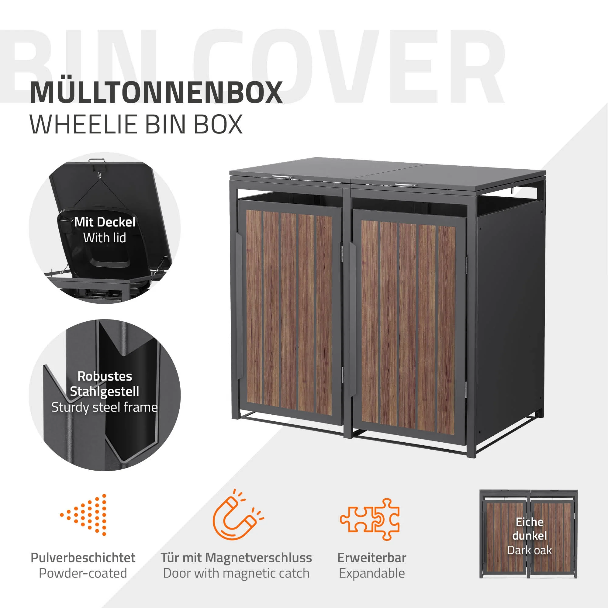 Mülltonnenbox mit Klappdeckel, 240L, Anthrazit-Holzoptik, aus Stahl pulverbeschichtet, wetterfest - Image 13