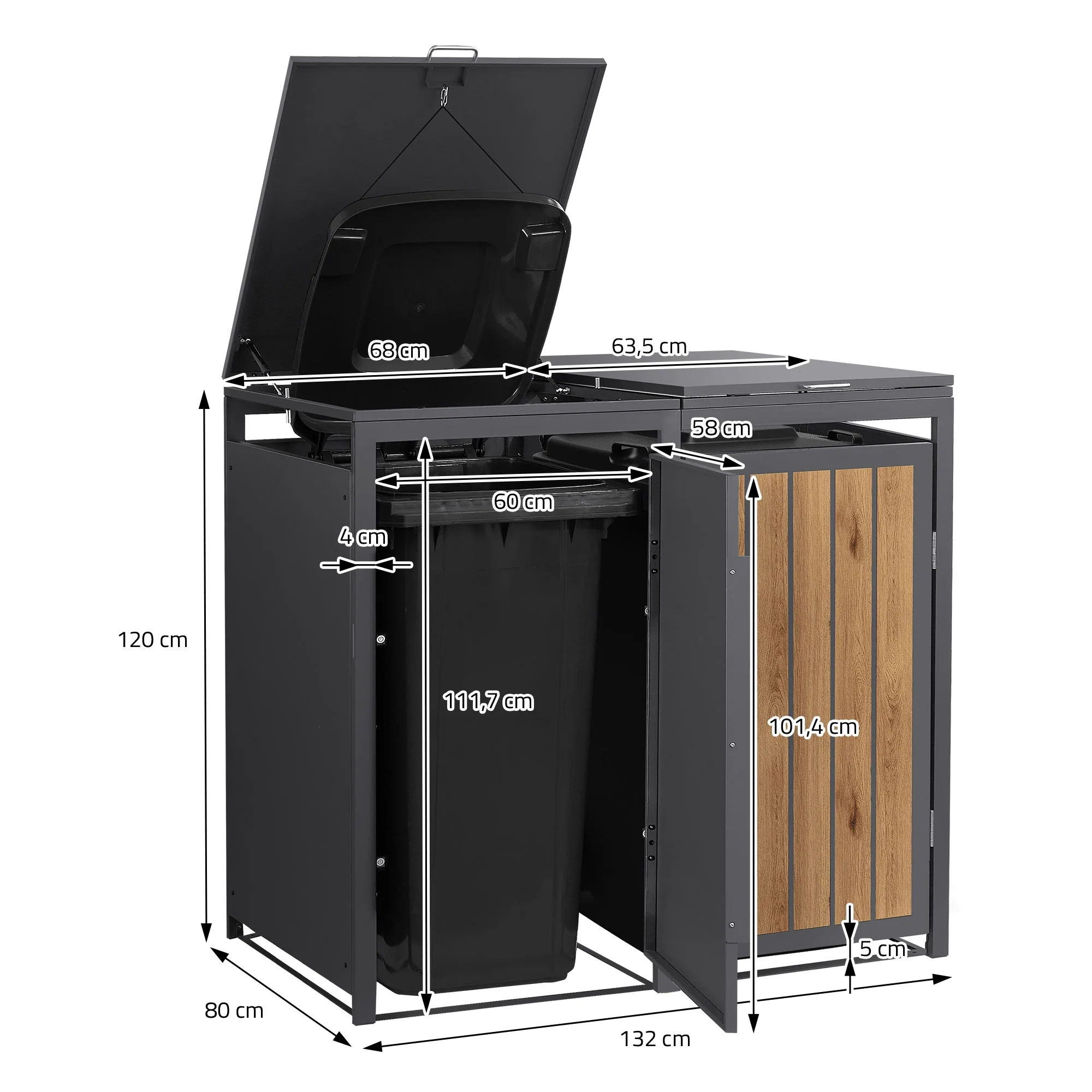 Mülltonnenbox mit Klappdeckel, 240L, Anthrazit-Holzoptik, aus Stahl pulverbeschichtet, wetterfest - Image 9