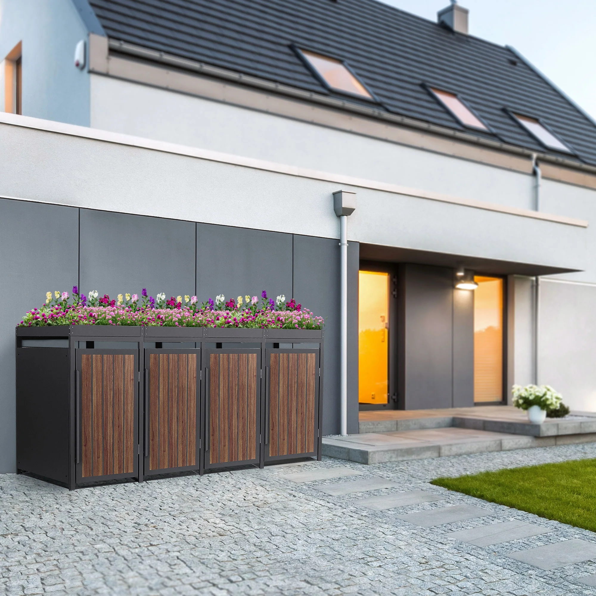 Mülltonnenbox mit Pflanzdach, 240L, Anthrazit-Holzoptik, aus Stahl pulverbeschichtet, wetterfest - Image 12