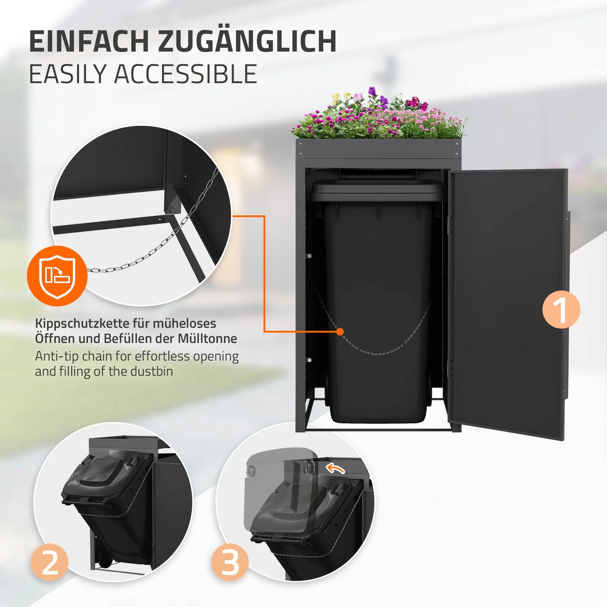 Mülltonnenbox mit Pflanzdach, 240L, Anthrazit-Holzoptik, aus Stahl pulverbeschichtet, wetterfest - Image 14