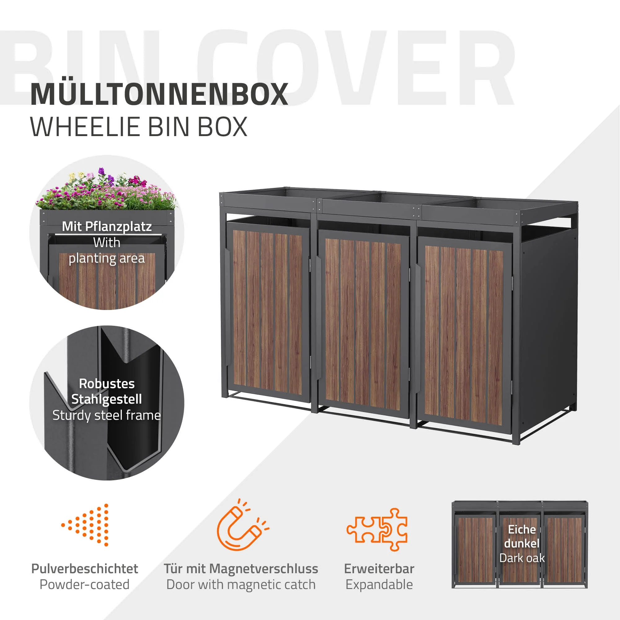 Mülltonnenbox mit Pflanzdach, 240L, Anthrazit-Holzoptik, aus Stahl pulverbeschichtet, wetterfest - Image 21
