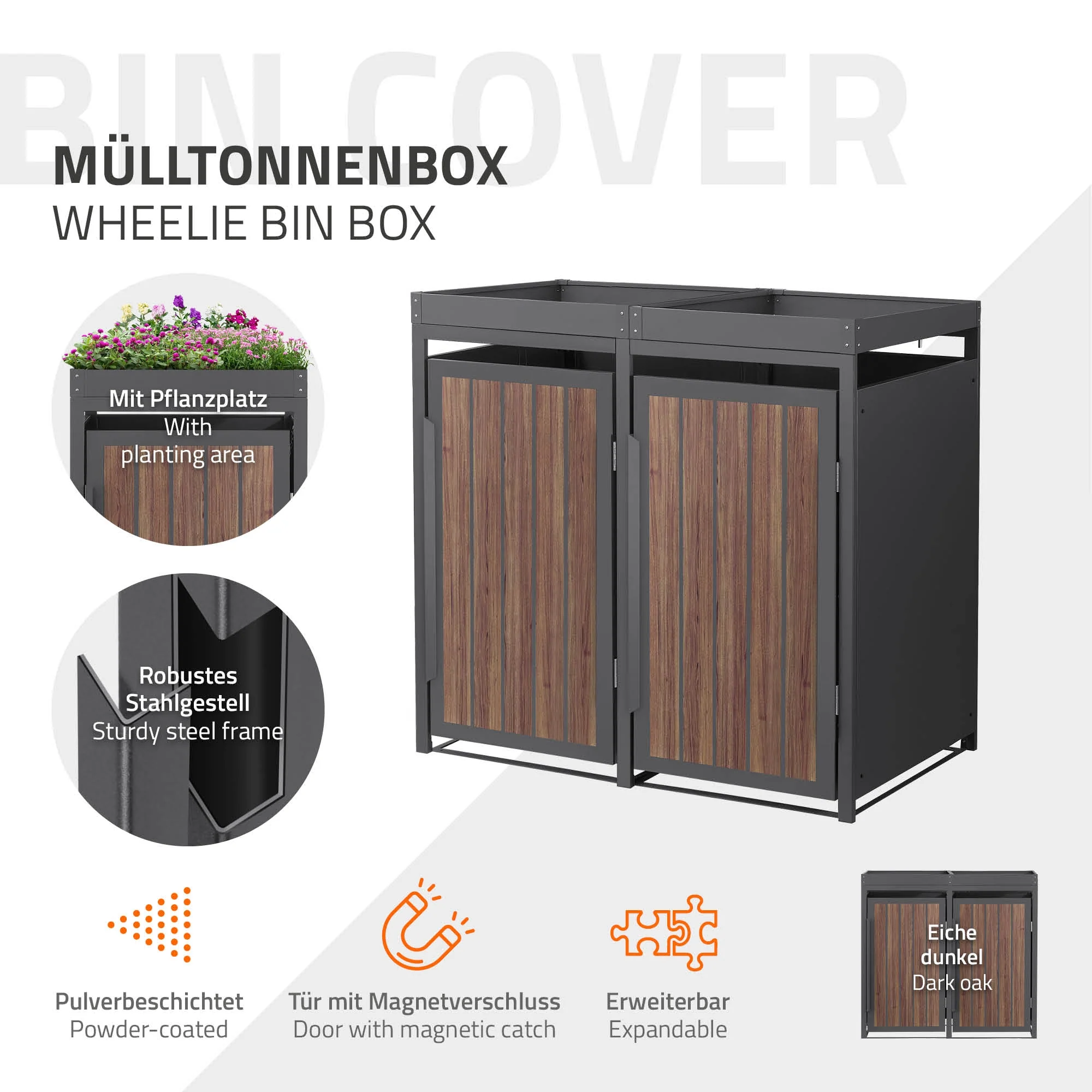 Mülltonnenbox mit Pflanzdach, 240L, Anthrazit-Holzoptik, aus Stahl pulverbeschichtet, wetterfest - Image 29