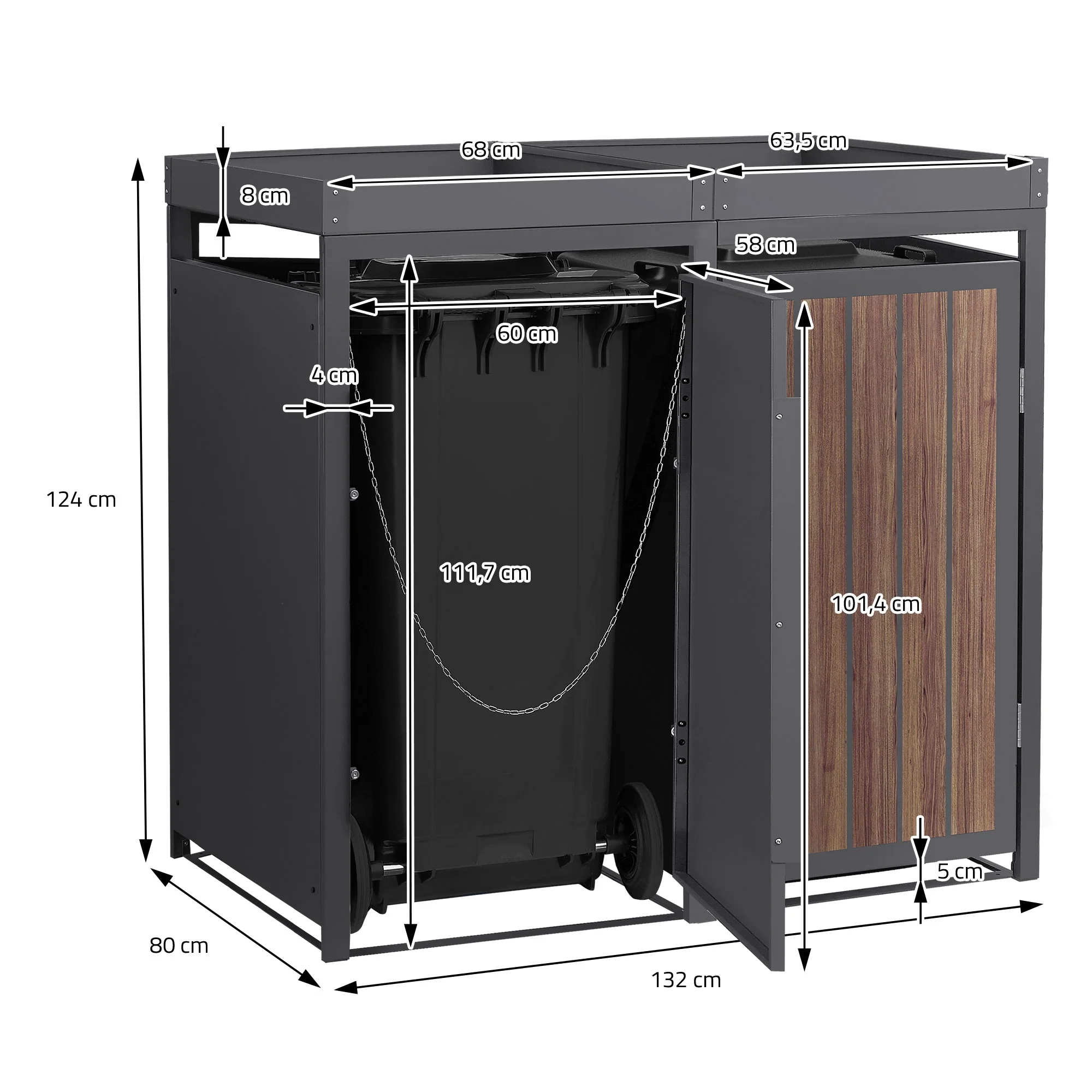 Mülltonnenbox mit Pflanzdach, 240L, Anthrazit-Holzoptik, aus Stahl pulverbeschichtet, wetterfest - Image 32