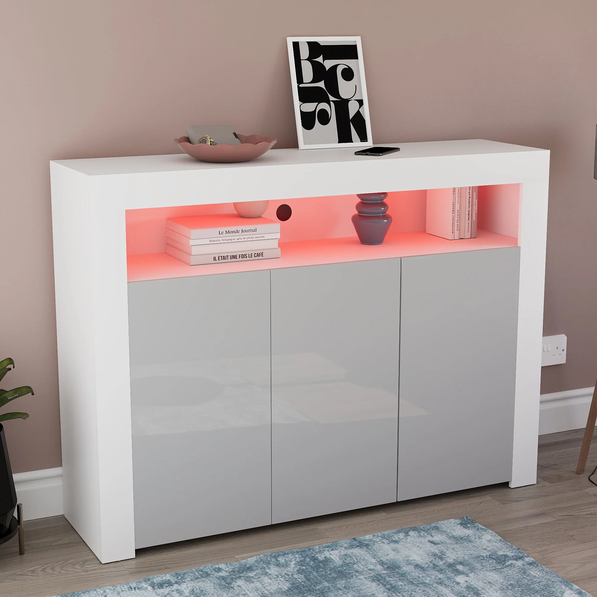 Nova Weiß & Grau LED-Sideboard – 3 Türen – Modernes Buffet, Anrichte, Aufbewahrungsschrank - Image 23