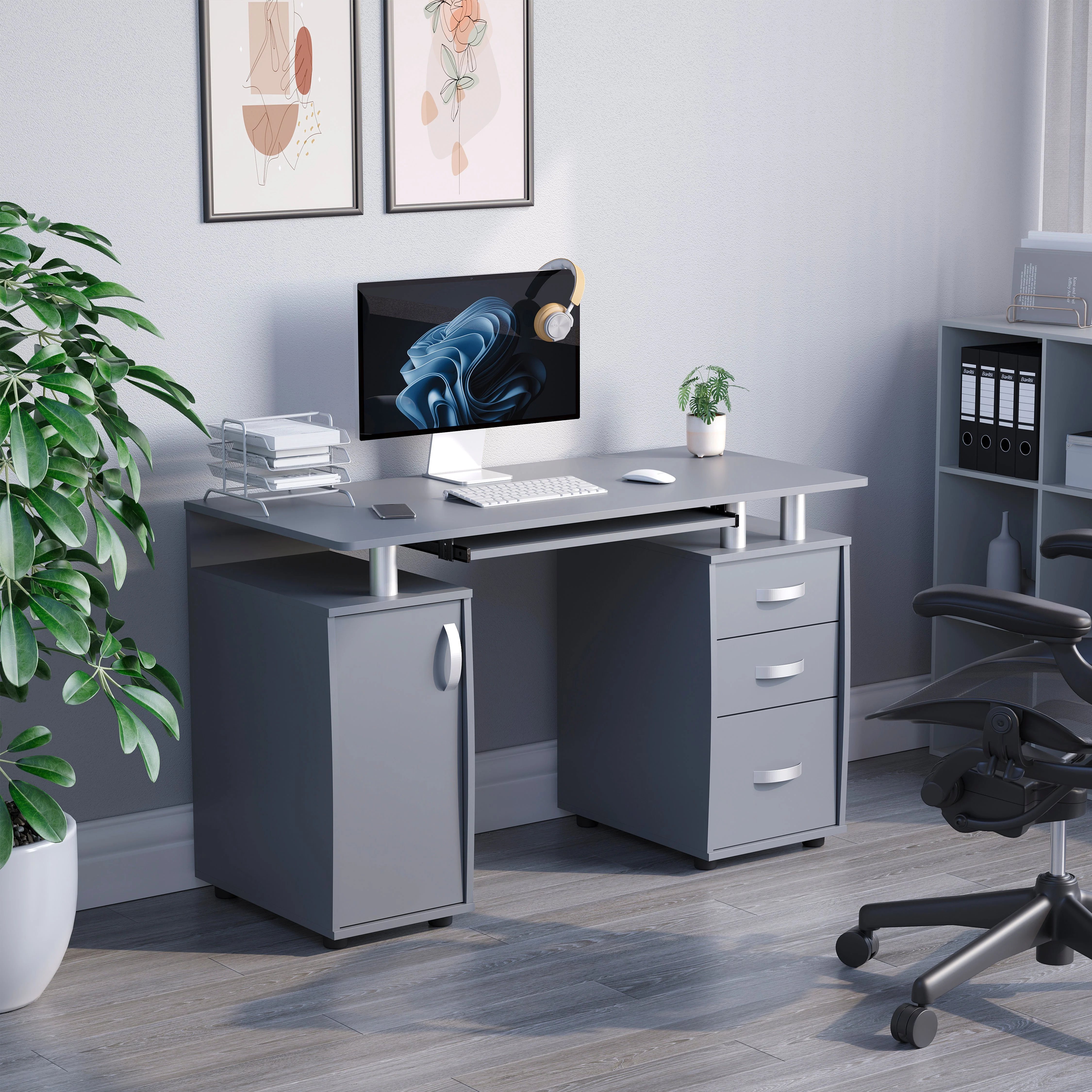 Otley Grau Computertisch mit 3 Schubladen und Regalen – Schreibtisch für PC/Laptop im Home Office