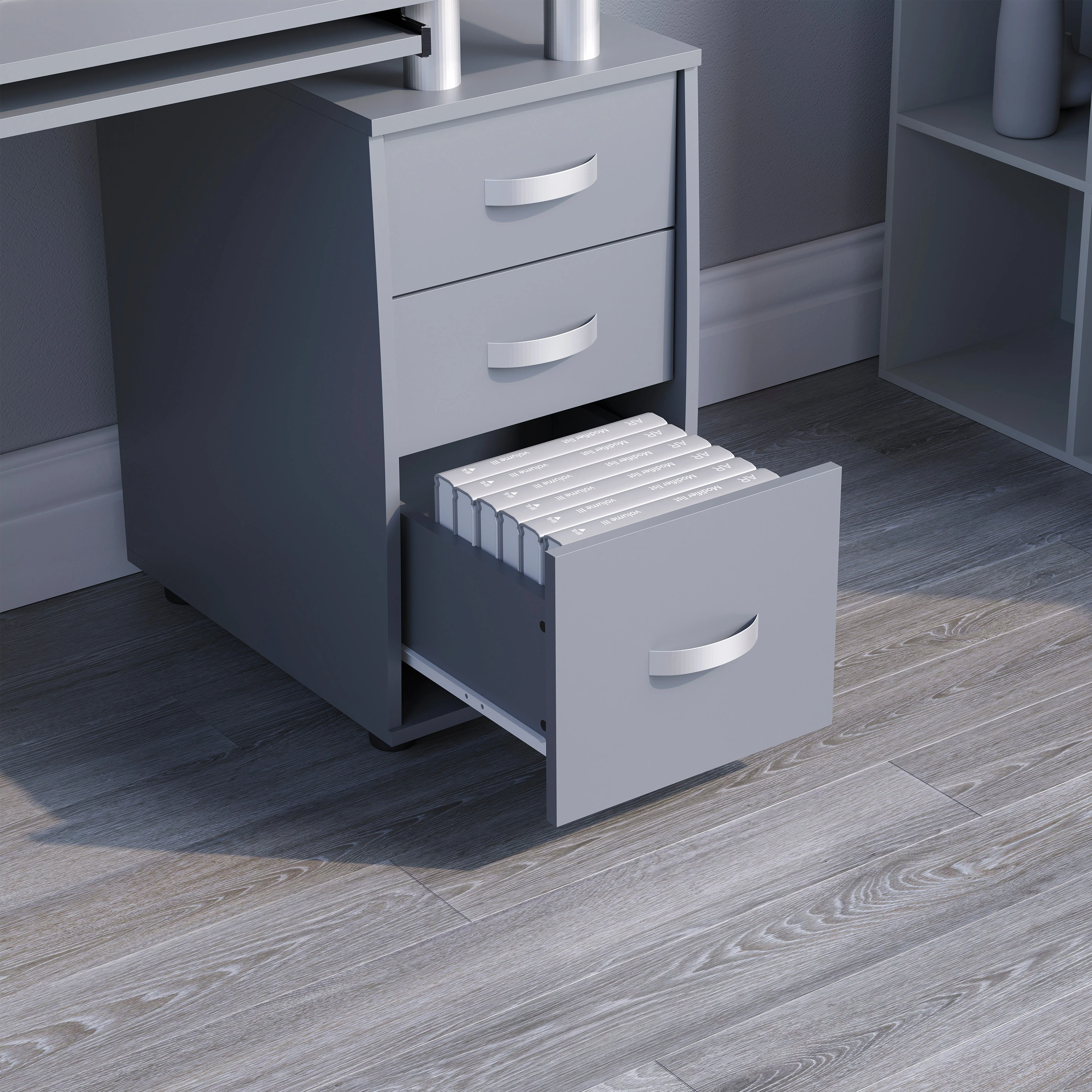Otley Grau Computertisch mit 3 Schubladen und Regalen – Schreibtisch für PC/Laptop im Home Office - Image 7