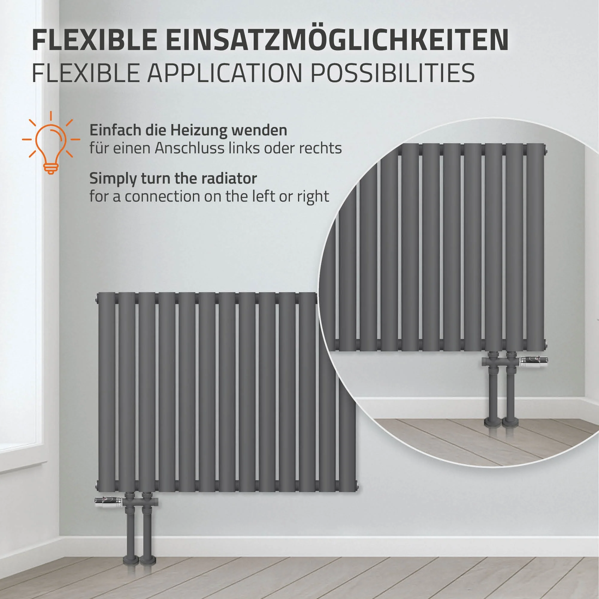 Paneelheizkörper Doppellagig 600x780 mm, Anthrazit, Ovale Röhren, Seitenanschluss - Image 4