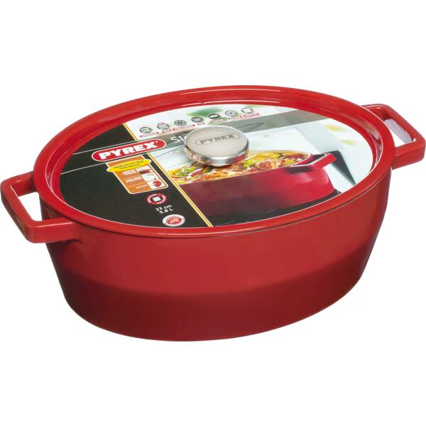 PYREX Slow Cook Bratentopf oval, mit Deckel, Länge: 330 mm, rot