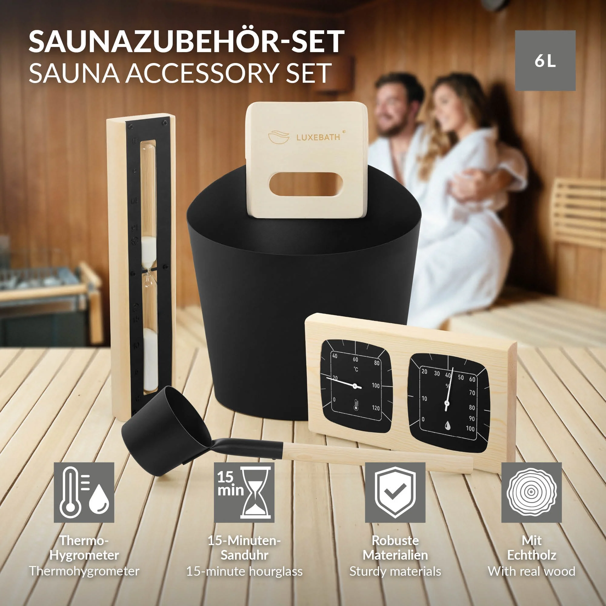Saunazubehör-Set aus Aluminium/Holz,4-teilig, Aufgusskübel & Kelle, Thermometer-Hygrometer, Sanduhr - Image 3