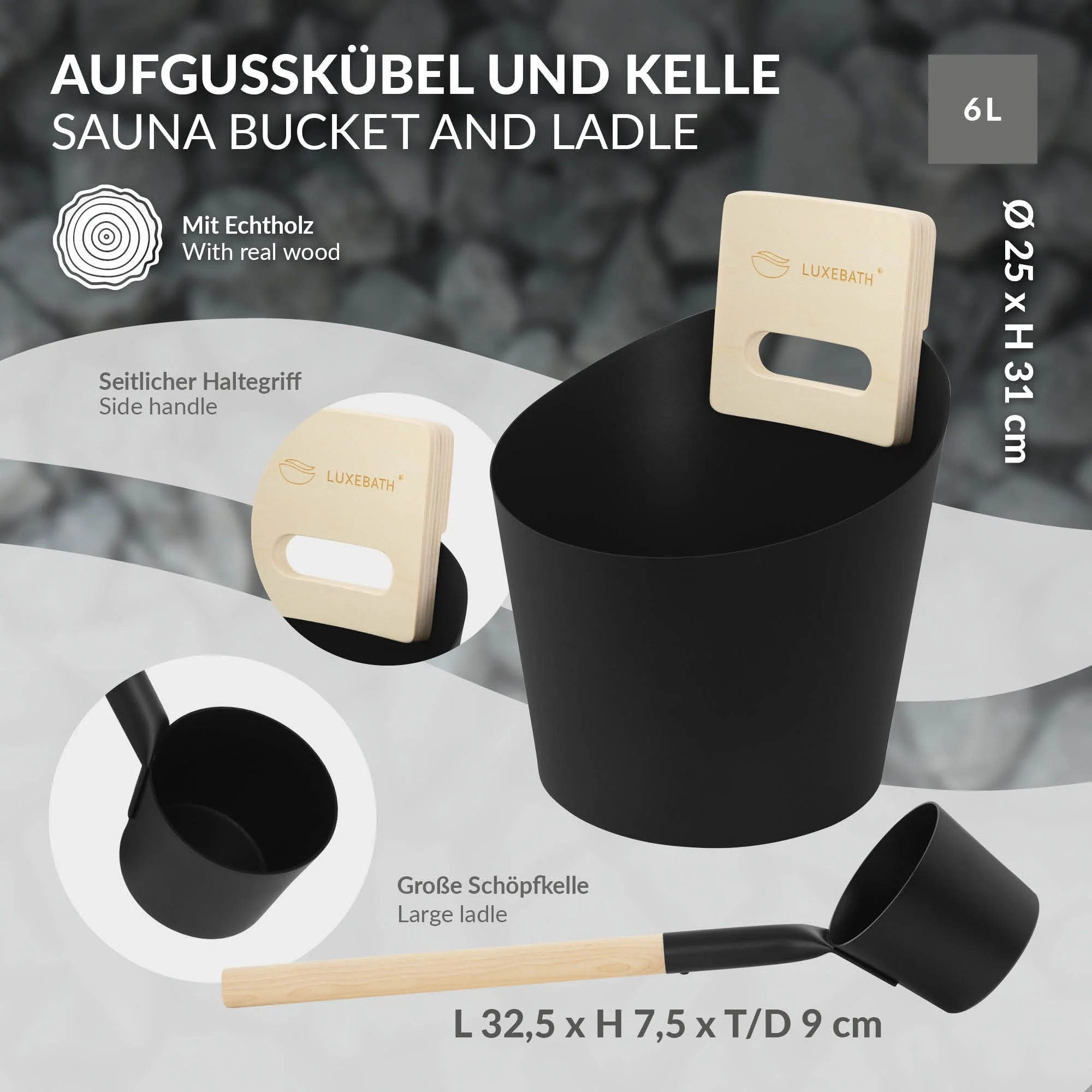 Saunazubehör-Set aus Aluminium/Holz,4-teilig, Aufgusskübel & Kelle, Thermometer-Hygrometer, Sanduhr - Image 4