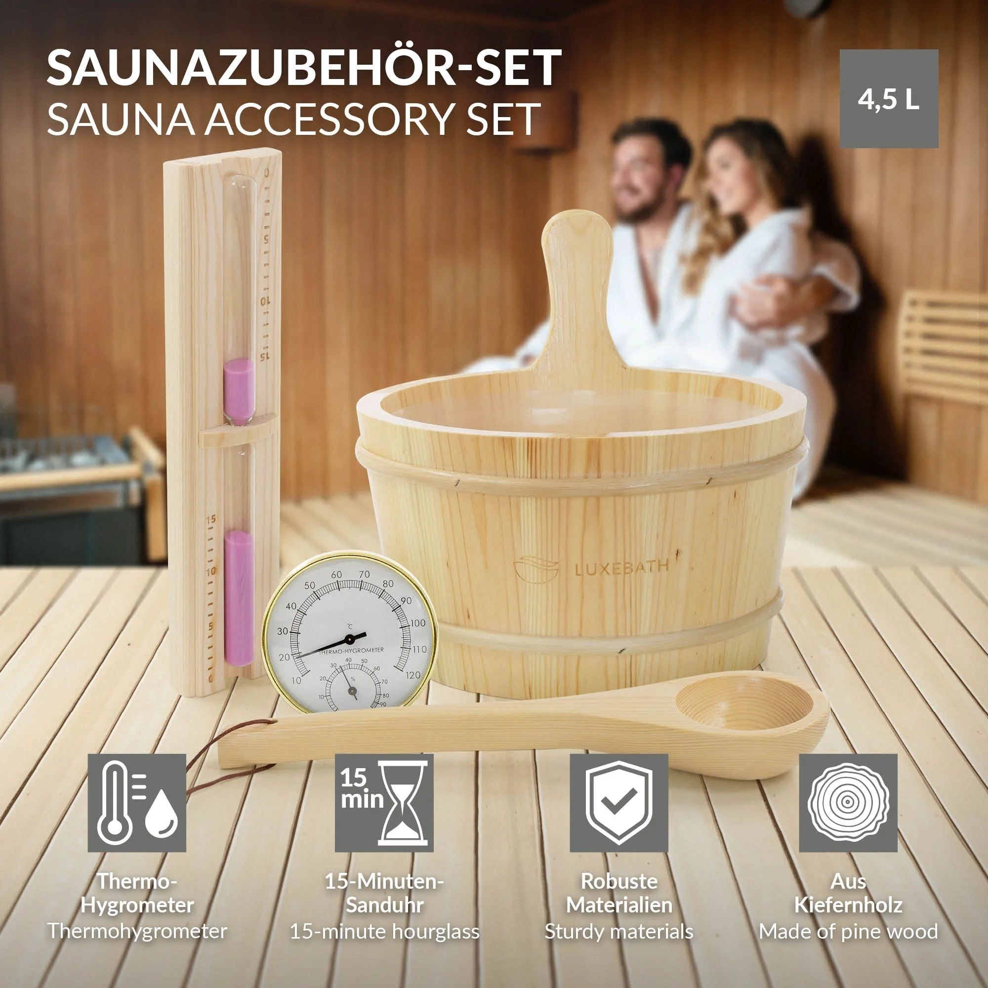 Saunazubehör-Set aus Kiefernholz, 4-teilig, Aufgusskübel & Kelle, Thermometer-Hygrometer, Sanduhr - Image 3