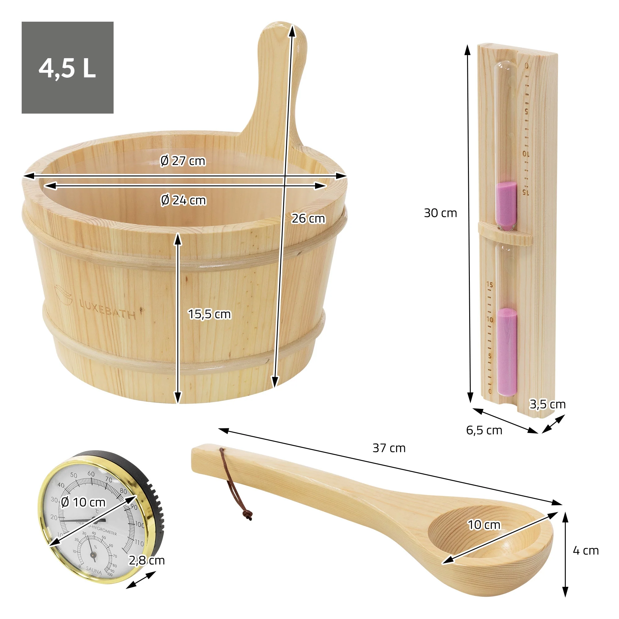 Saunazubehör-Set aus Kiefernholz, 4-teilig, Aufgusskübel & Kelle, Thermometer-Hygrometer, Sanduhr - Image 7
