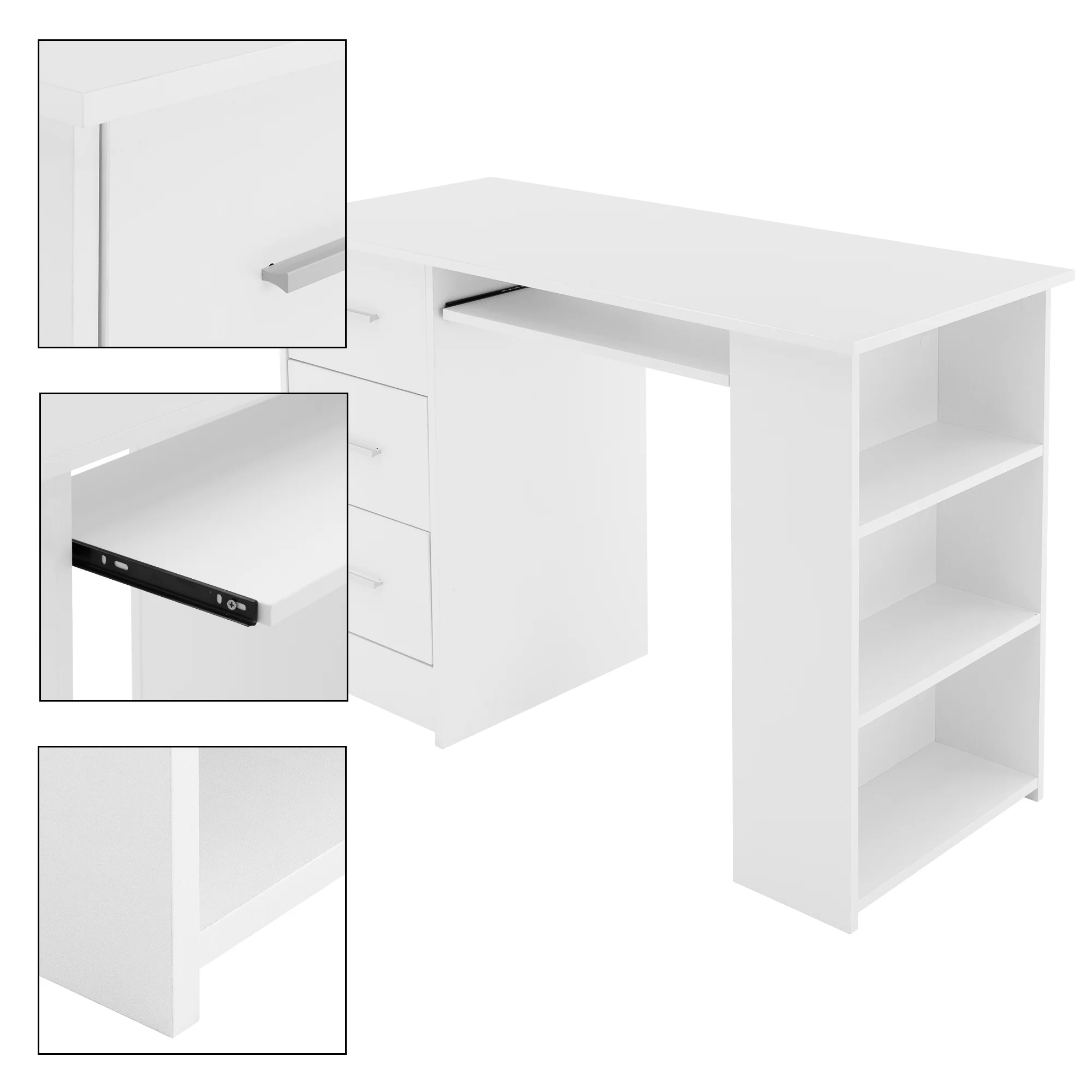 Schreibtisch mit drei Schubladen drei Regale und Tastaturauszug 110x49x75 cm Weiß - Image 3
