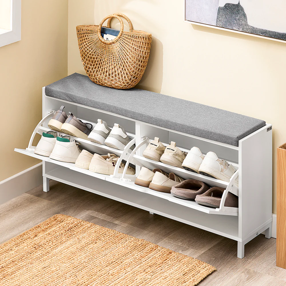 Schuhbank mit Schuhschrank Sitzfunktion Weiß 105x24x52cm Minimalistisch FSR151-L-W - Image 6