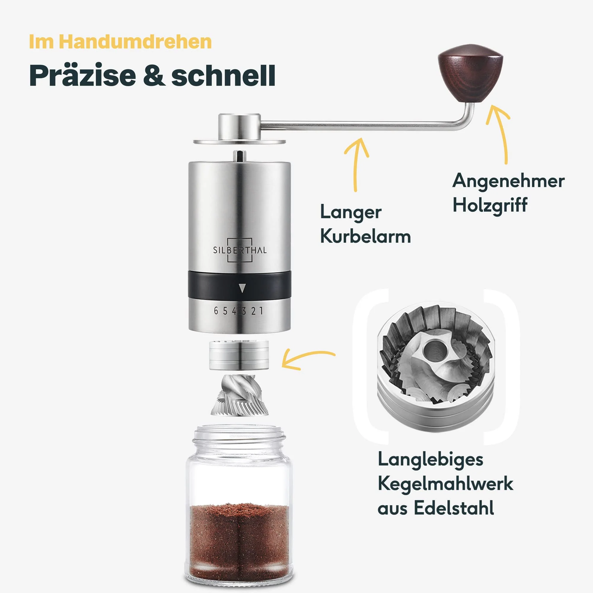 SILBERTHAL Kaffeemühle Manuell Kegelmahlwerk - Verstellbarer Mahlgrad - Handmühle aus - Image 4