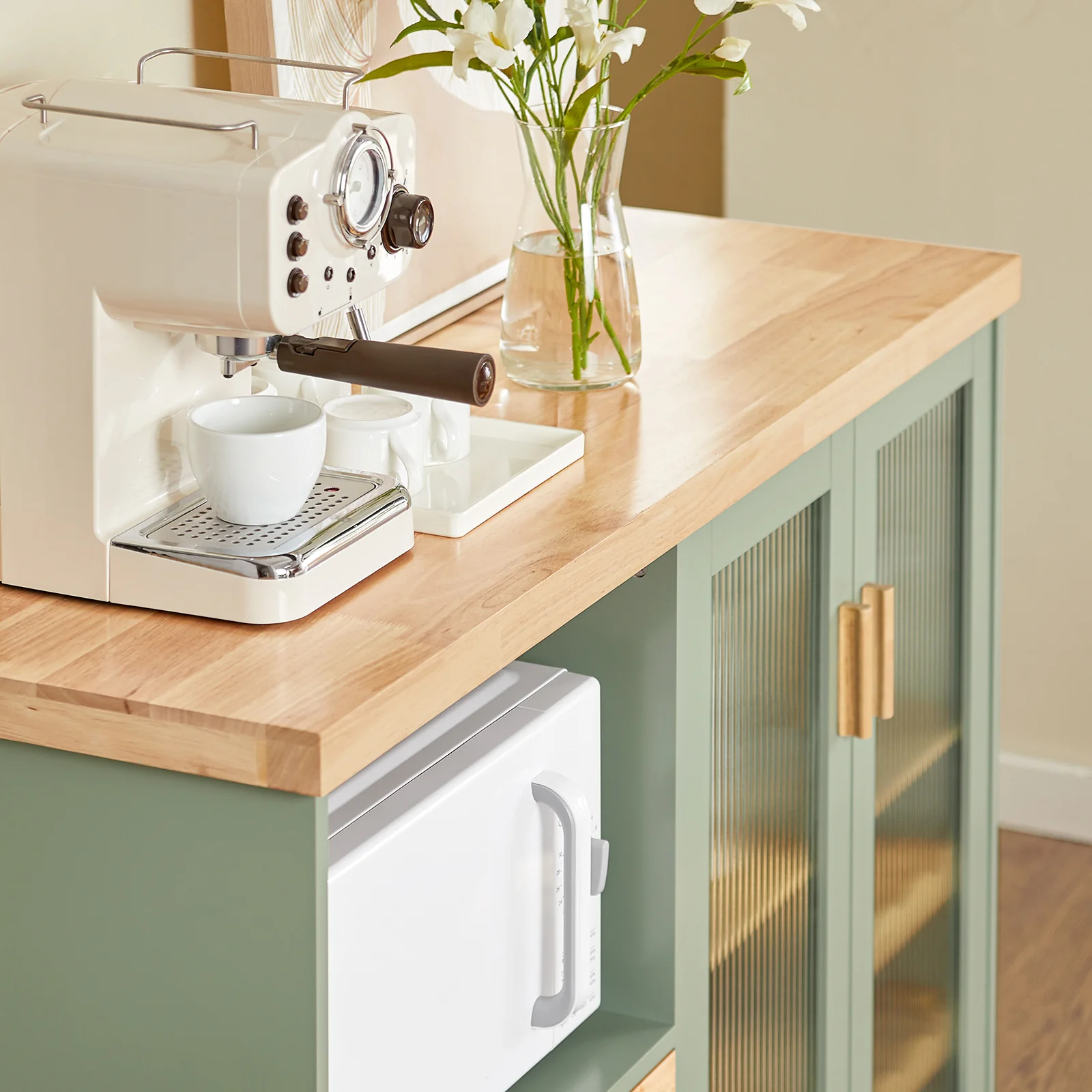 SoBuy Küchenschrank Sideboard mit Glastüren und Schubladen, 120 cm Arbeitsplatte in Grün - Image 3